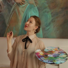 Sua Maestà la Musa pittura figurativa per interni verde menta successo femminile amore