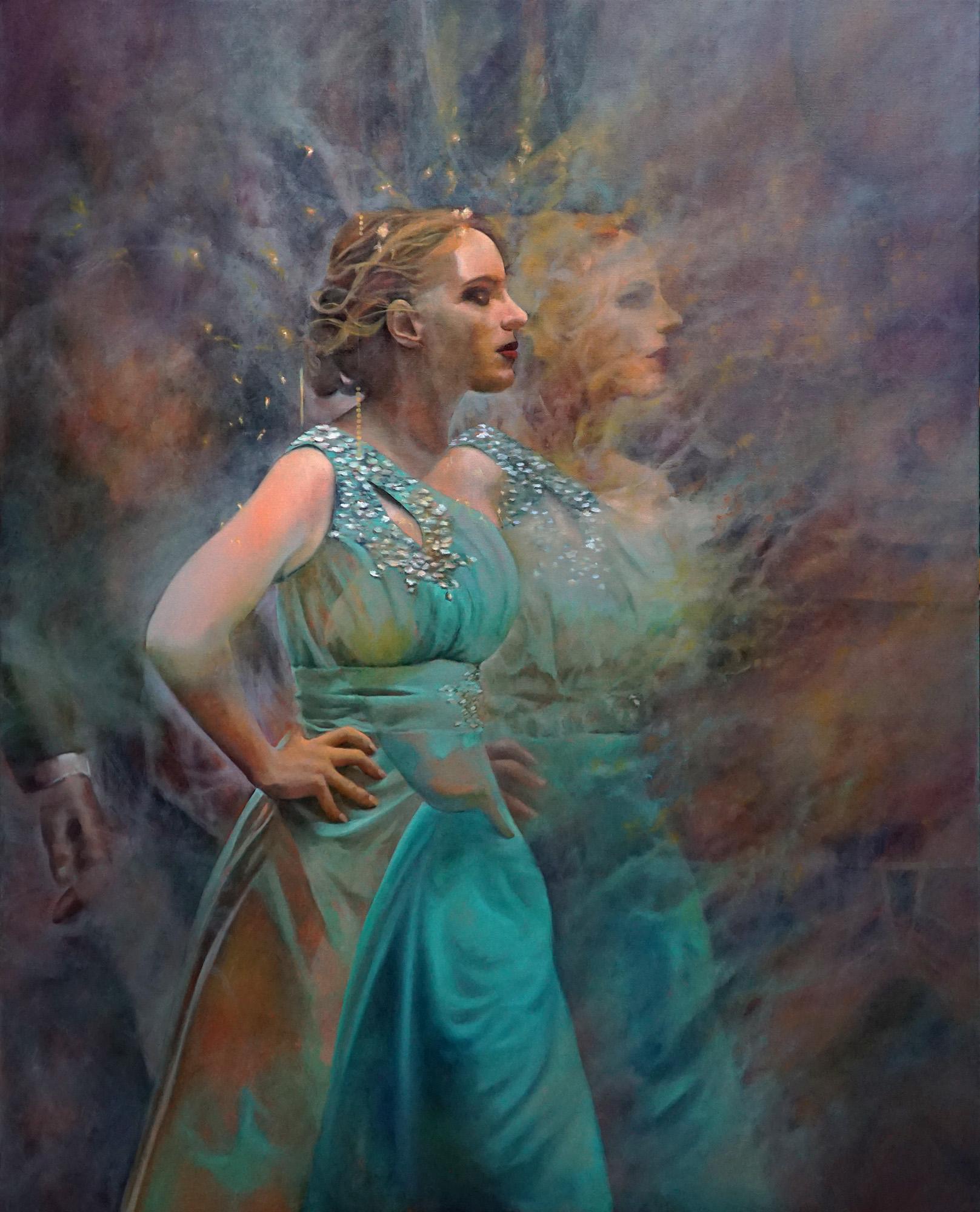 Maria Matveyeva Figurative Painting – Her Majesty the Muse figuratives Interieurgemälde mintgrüner weiblicher Erfolg Liebesliebe