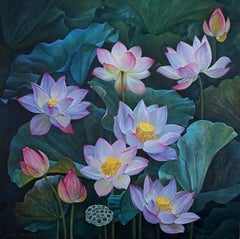 Peinture murale Lotus intérieure vert émeraude violet rose présent floral botanique