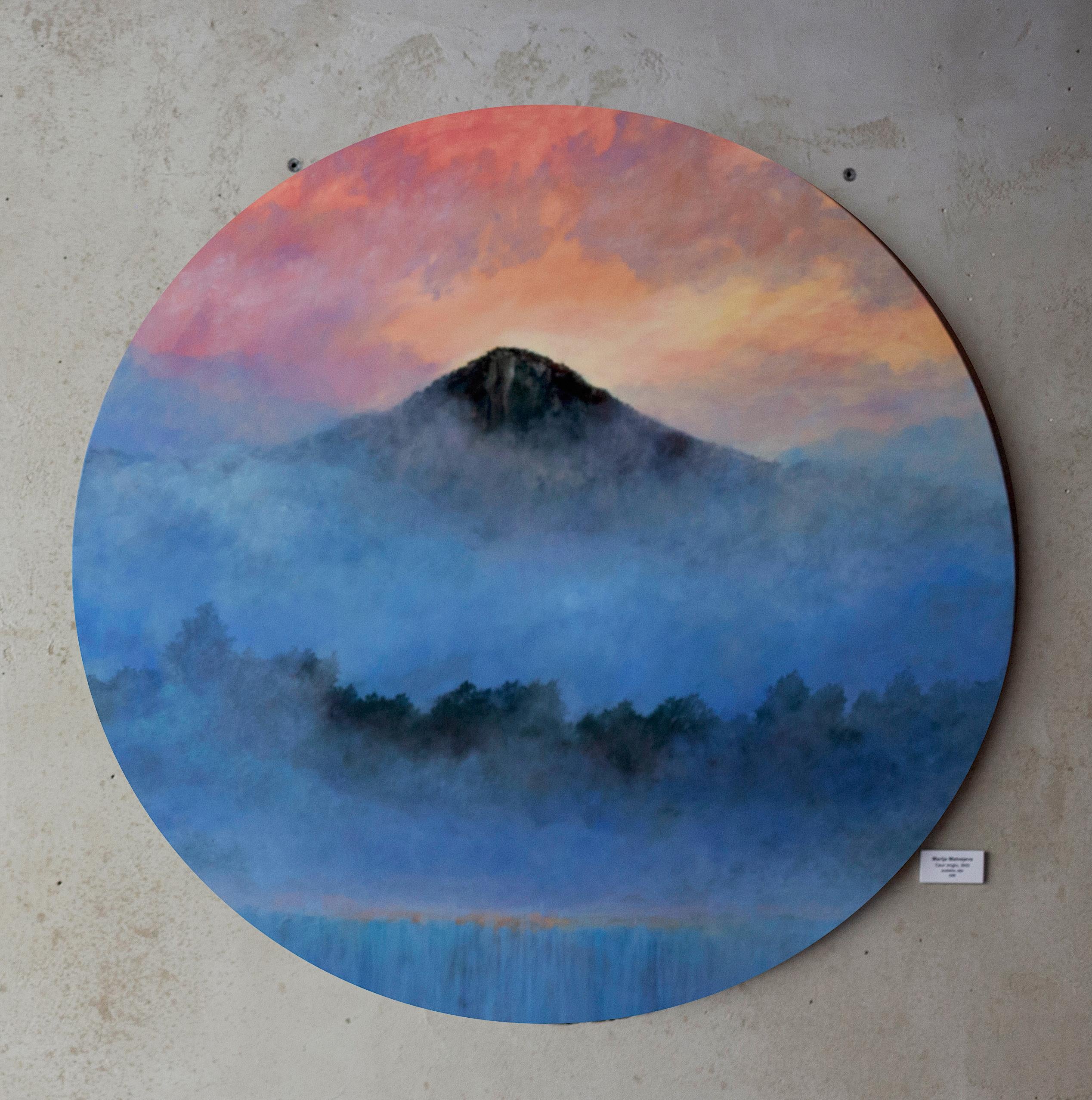 Through The Fog oil painting fine art Round canvas D80 Mountains Modern Blue - Painting by Maria Matveyeva