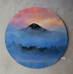 Through The Fog Ölgemälde Fine Art Round Canvas D80 Mountains Modern Blue
