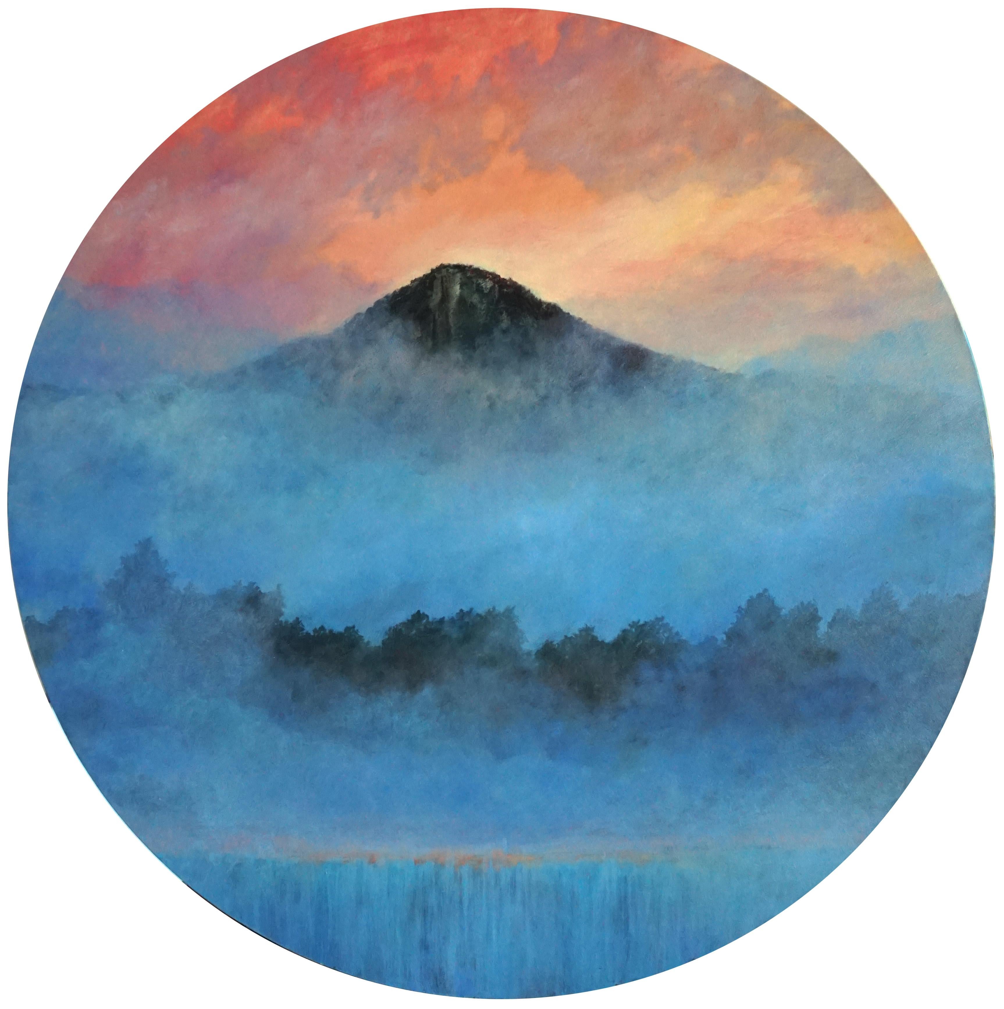 Through The Fog Ölgemälde Fine Art Round Canvas D80 Mountains Modern Blue