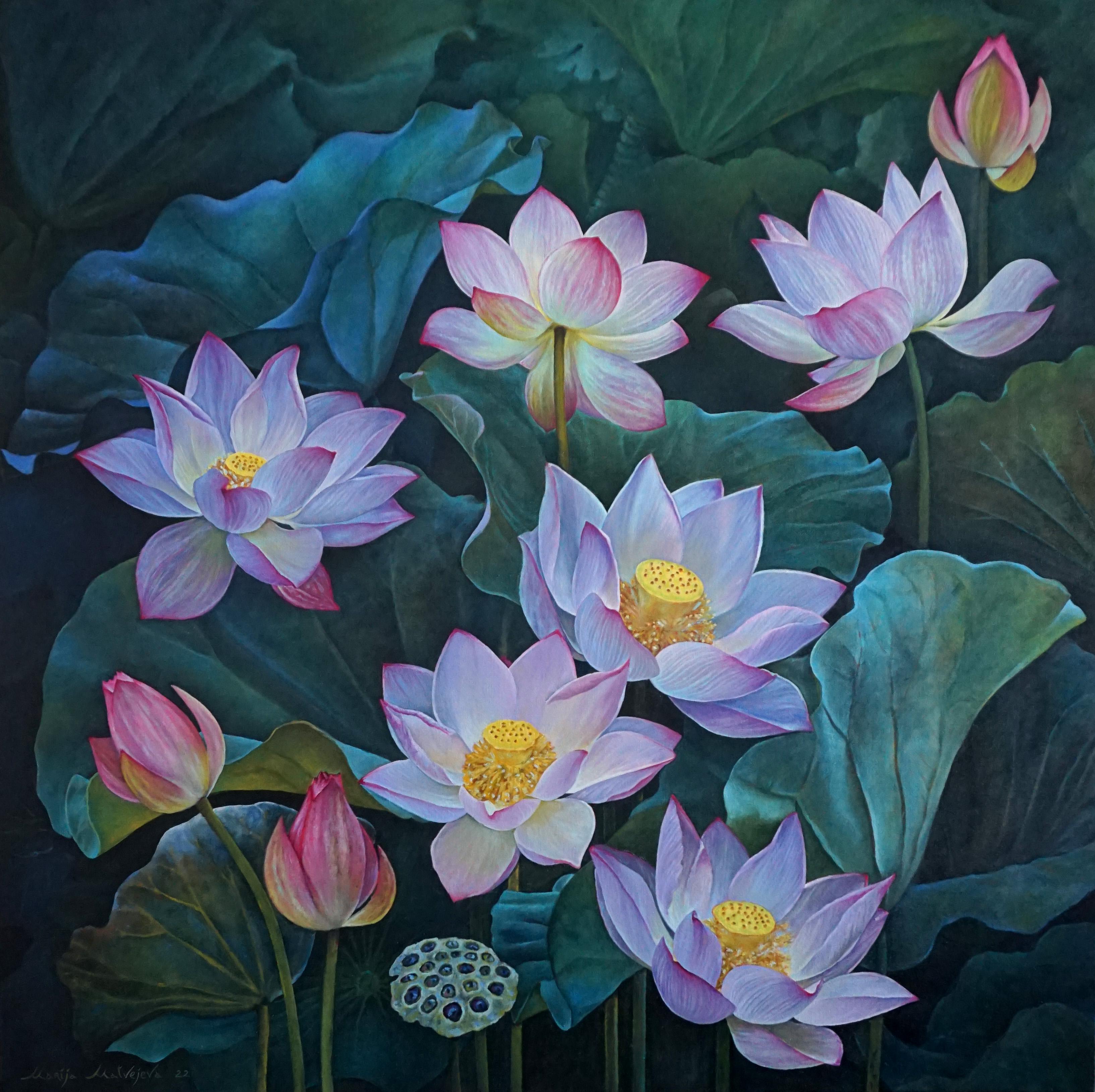   Impression sur toile avec les lotus "STRENGTH". REBIRTH. PURIFY" en réalisme, qui a été peint par l'artiste Maria Matveyeva. La taille de l'impression est de 50x50cm plus 3-3,5 cm de chaque côté pour l'étirement. Signé à la main au verso. 

