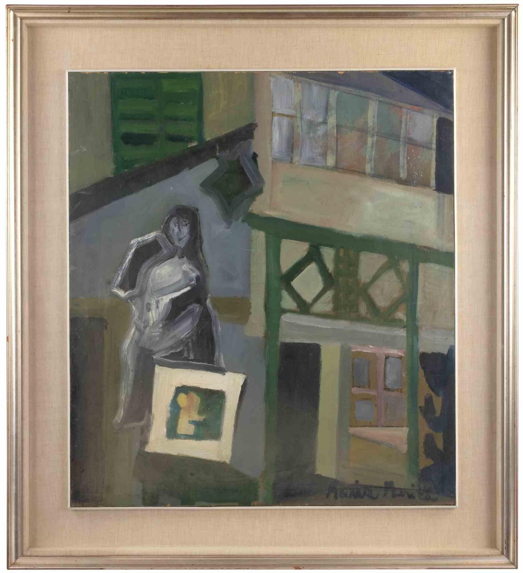 Composition - Peinture à l'huile de Maria Merita - Milieu du 20e siècle
