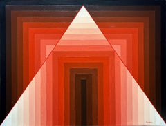 1970s Op Art Geometric Abstract Oil Painting by Maria Mesterou, Shades of Red