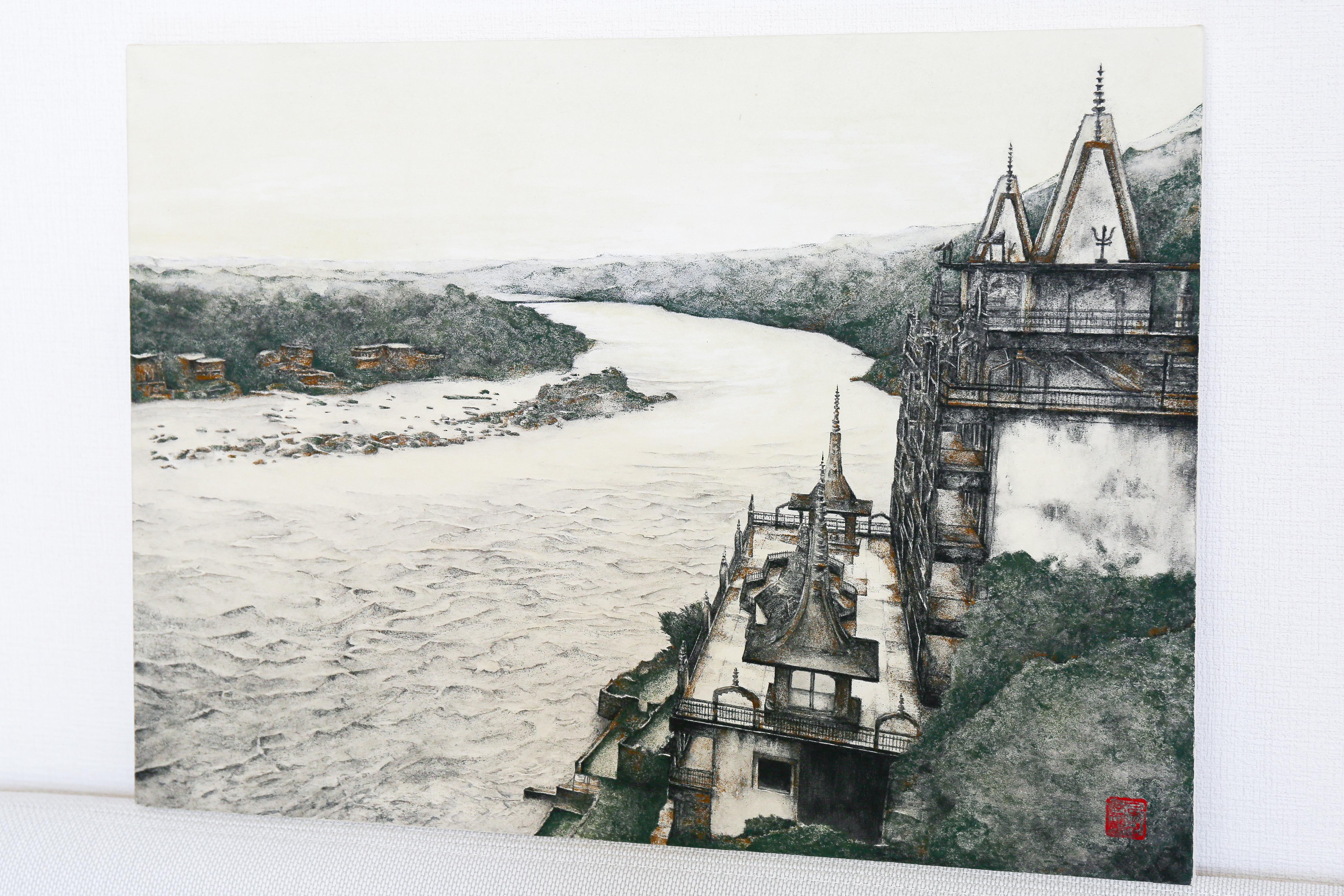 Arcane - Minéral et encre, peinture de paysage de la rivière Ganges, texturée, petit  en vente 5