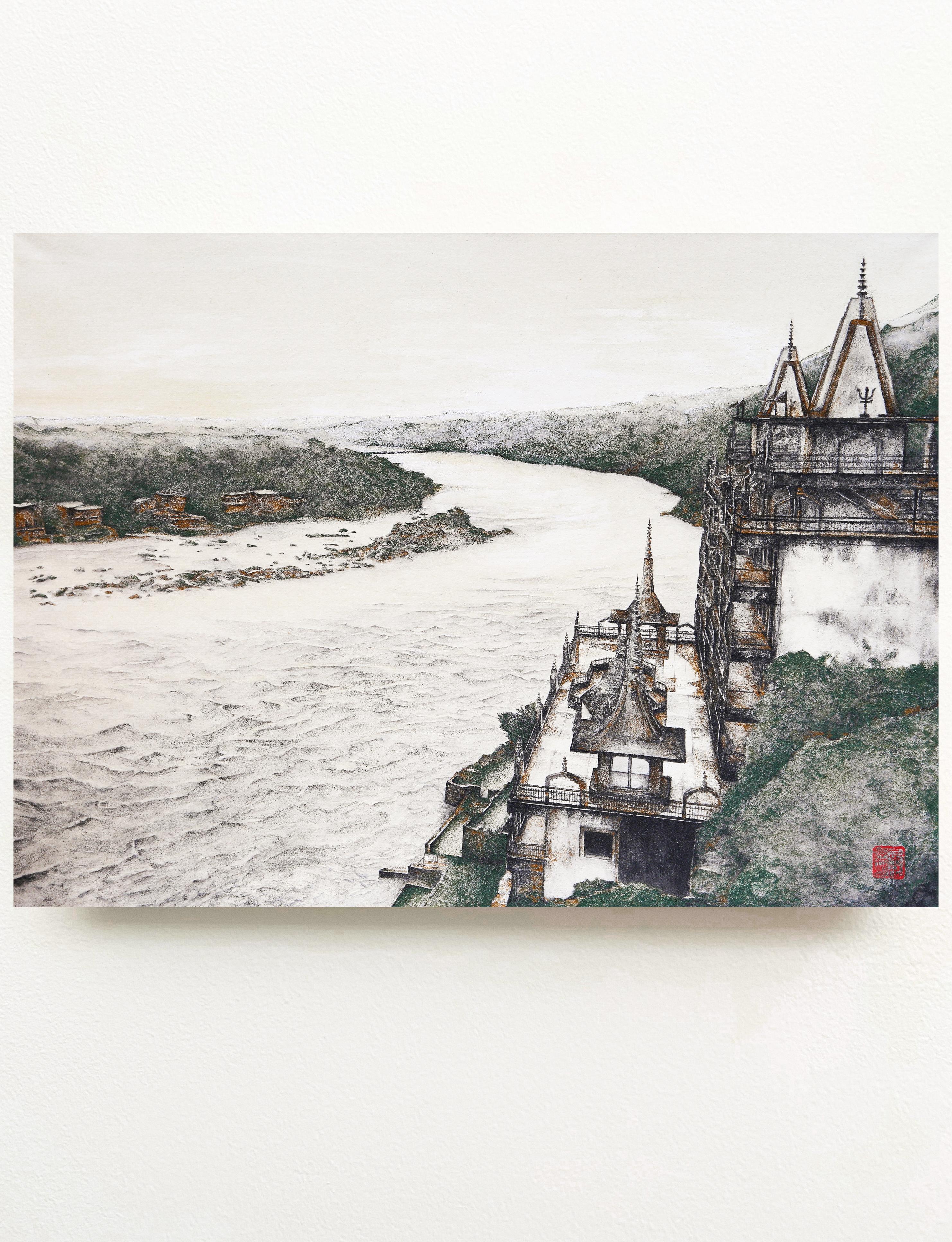 Arcane - Mineral and Ink, Landscape painting of Ganges River, Textured, Small  - Painting by Maria Mitsumori