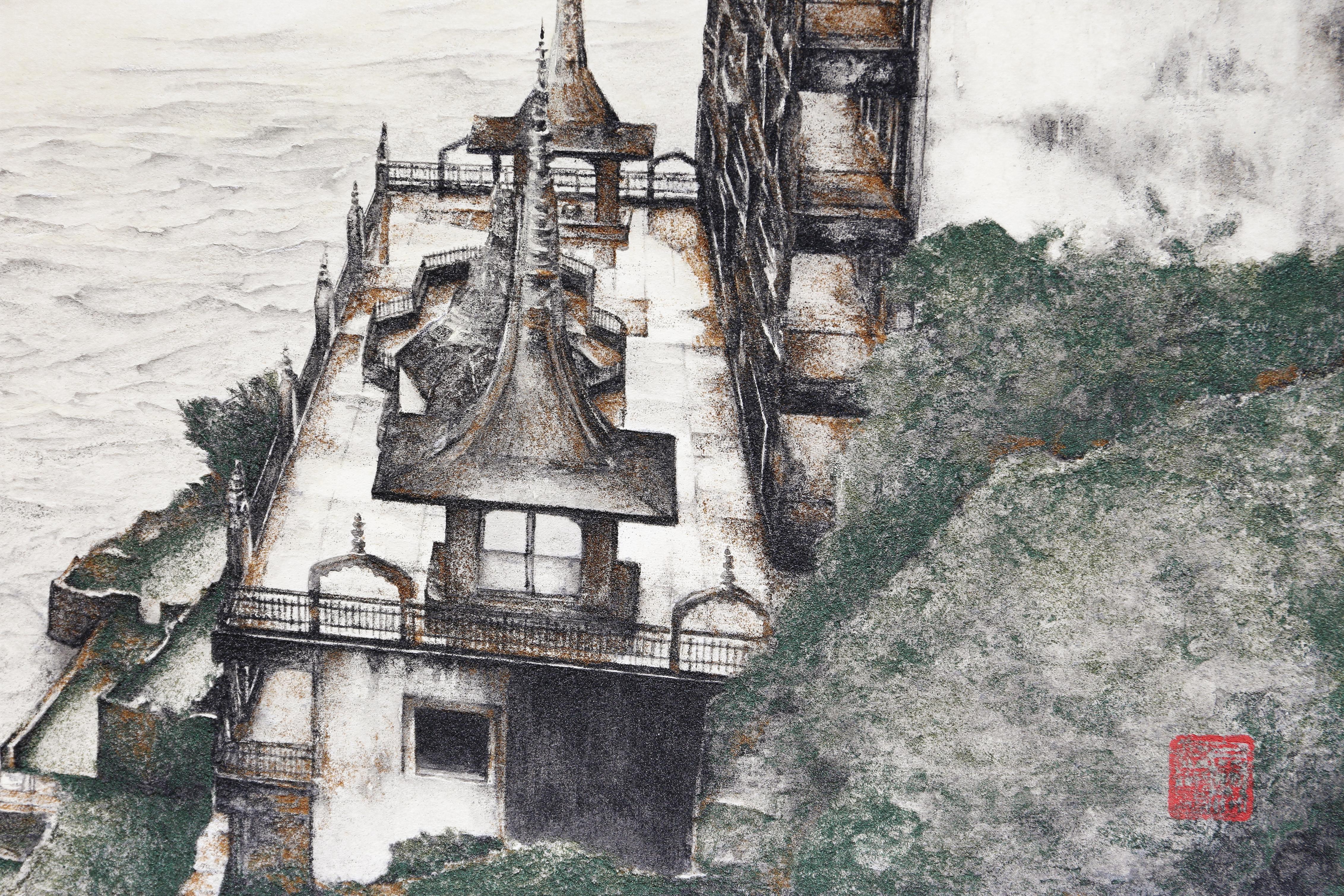 Arcane – Mineral und Tinte, Landschaftsgemälde eines Ganges Flusses, strukturiert, klein  (Zeitgenössisch), Painting, von Maria Mitsumori