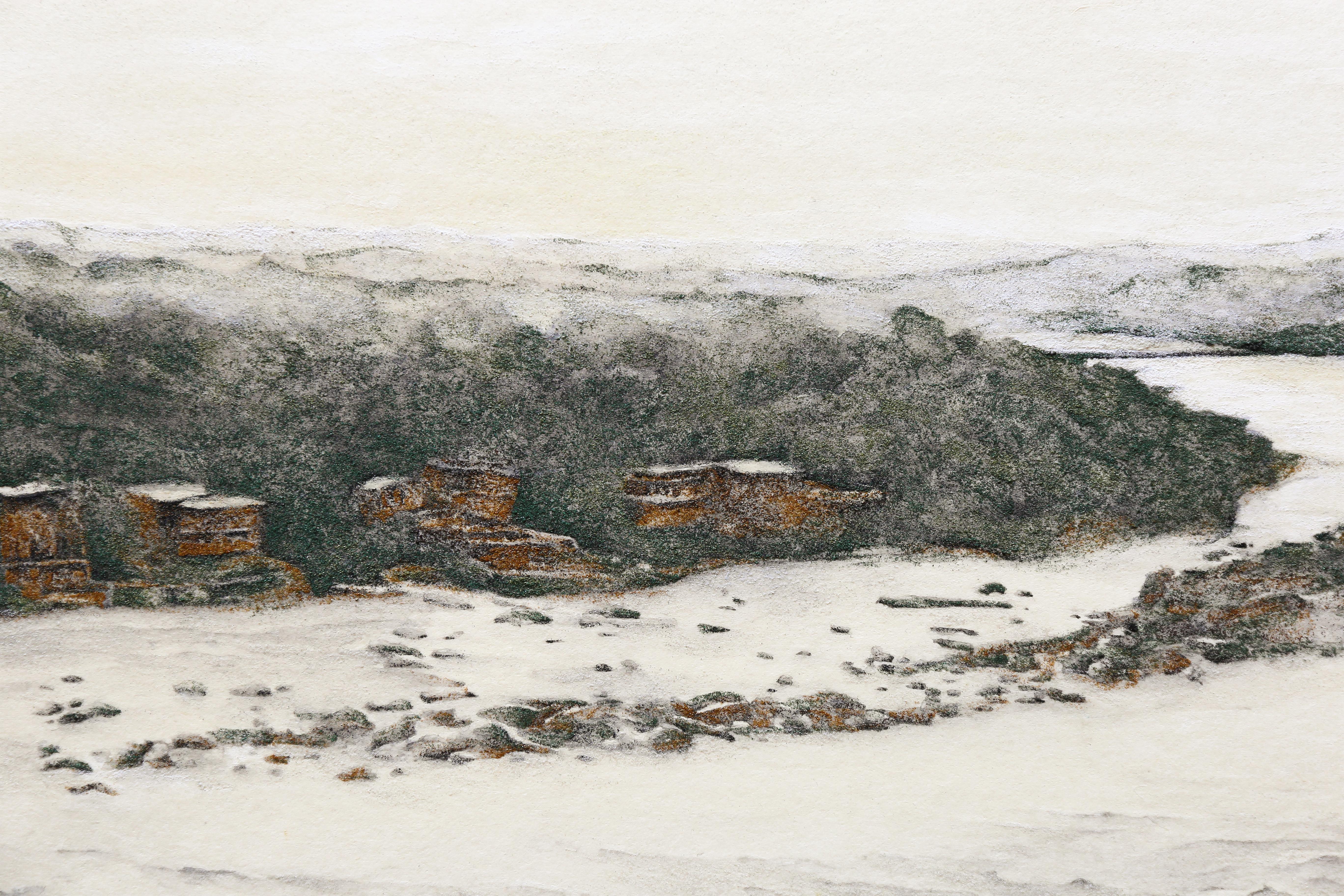 Arcane - Minéral et encre, peinture de paysage de la rivière Ganges, texturée, petit  - Beige Landscape Painting par Maria Mitsumori