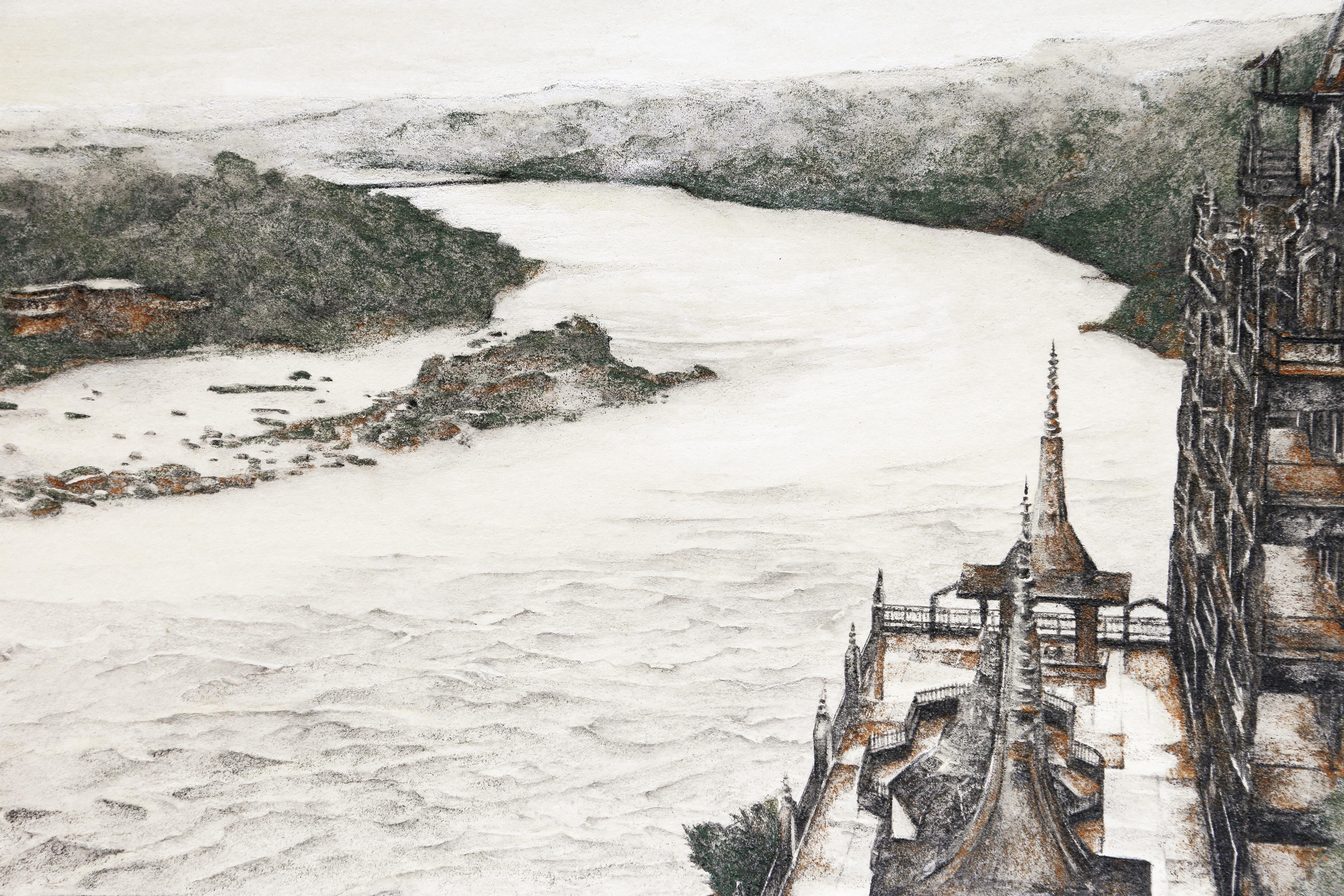 Arcane – Mineral und Tinte, Landschaftsgemälde eines Ganges Flusses, strukturiert, klein  im Angebot 1