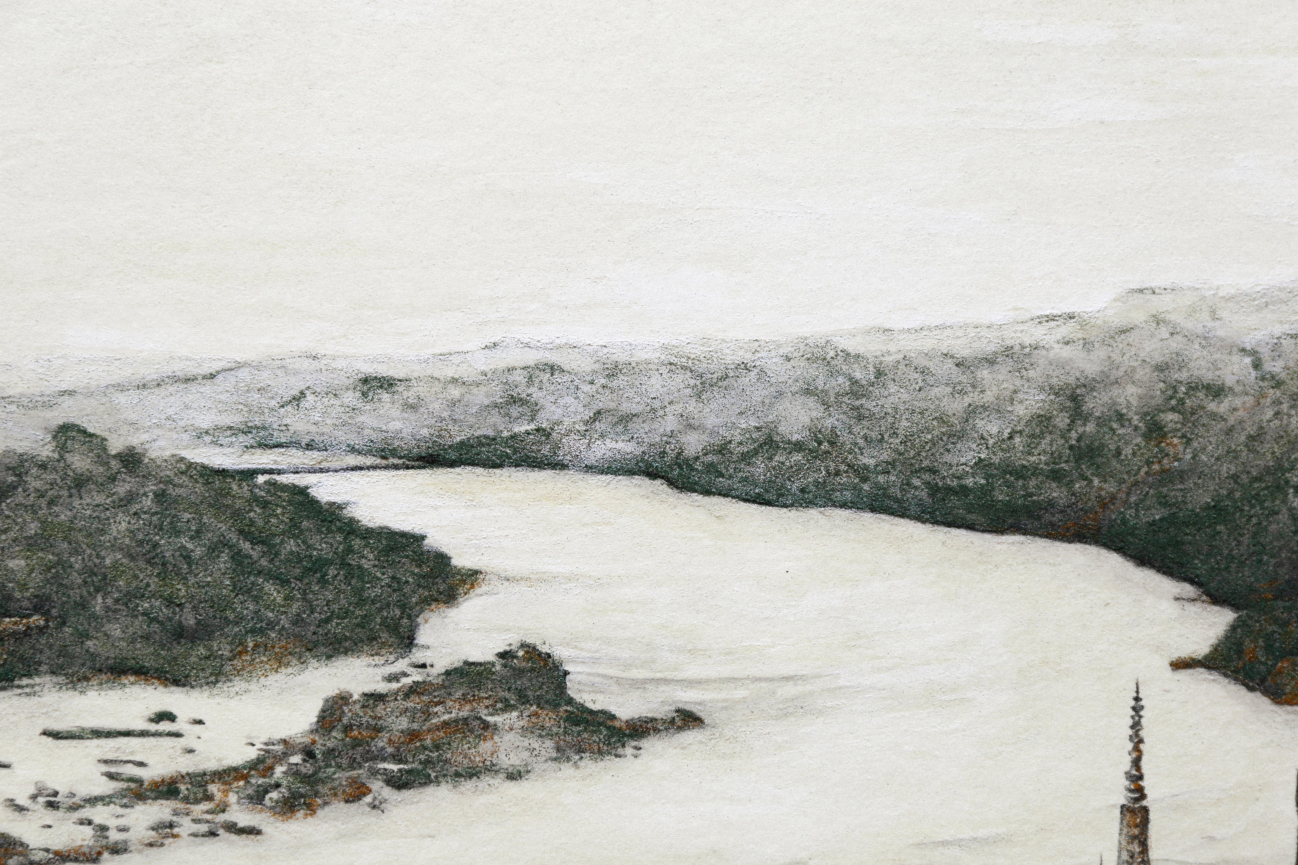 Arcane - Mineral and Ink, Landscape painting of Ganges River, Textured, Small  - Beige Landscape Painting by Maria Mitsumori