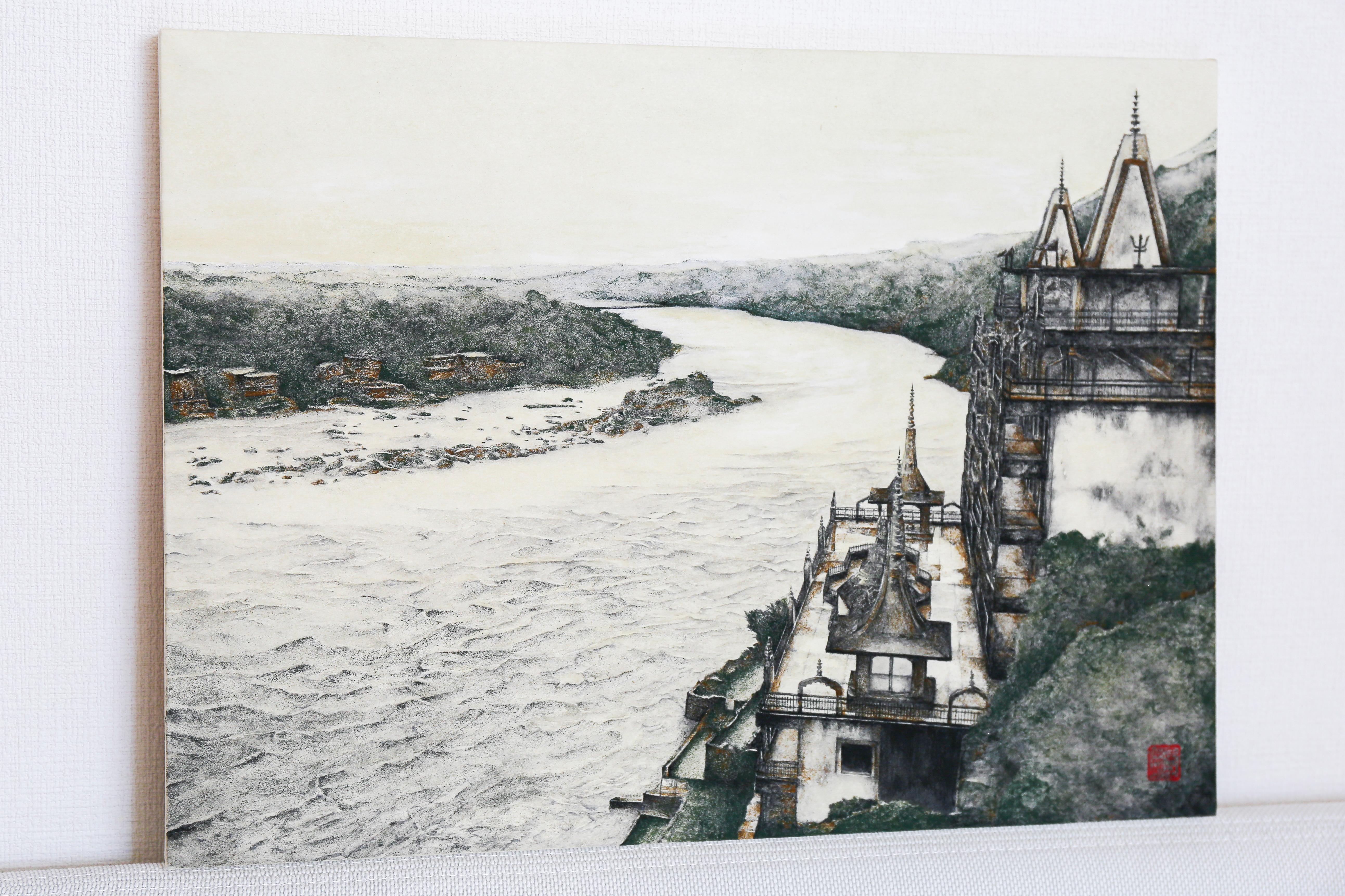 Arcane - Minéral et encre, peinture de paysage de la rivière Ganges, texturée, petit  en vente 4