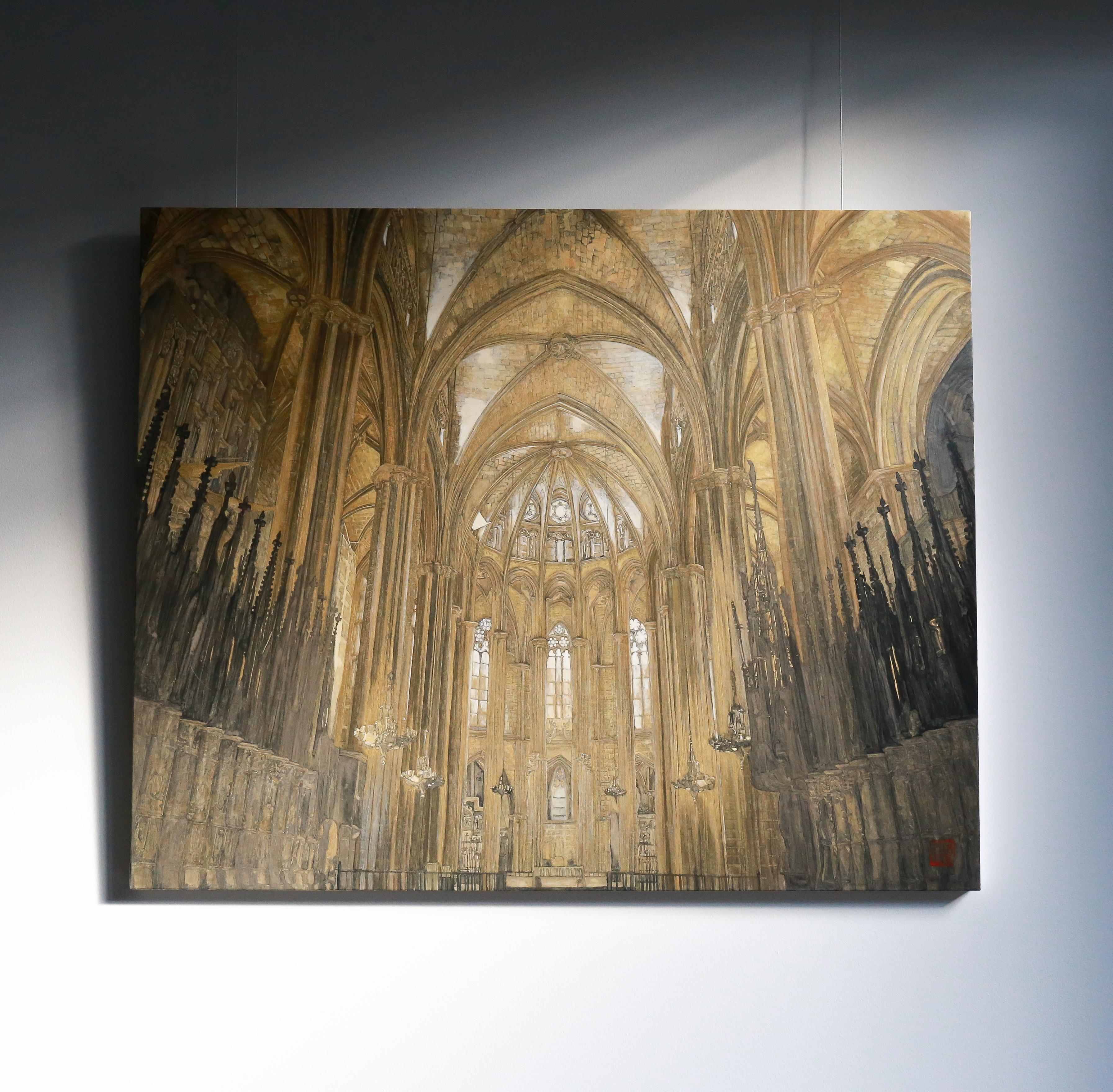Barcelona- Kathedrale – 24 Karat Gold und Mineralien, Architektur, Gotik, Realismus – Painting von Maria Mitsumori