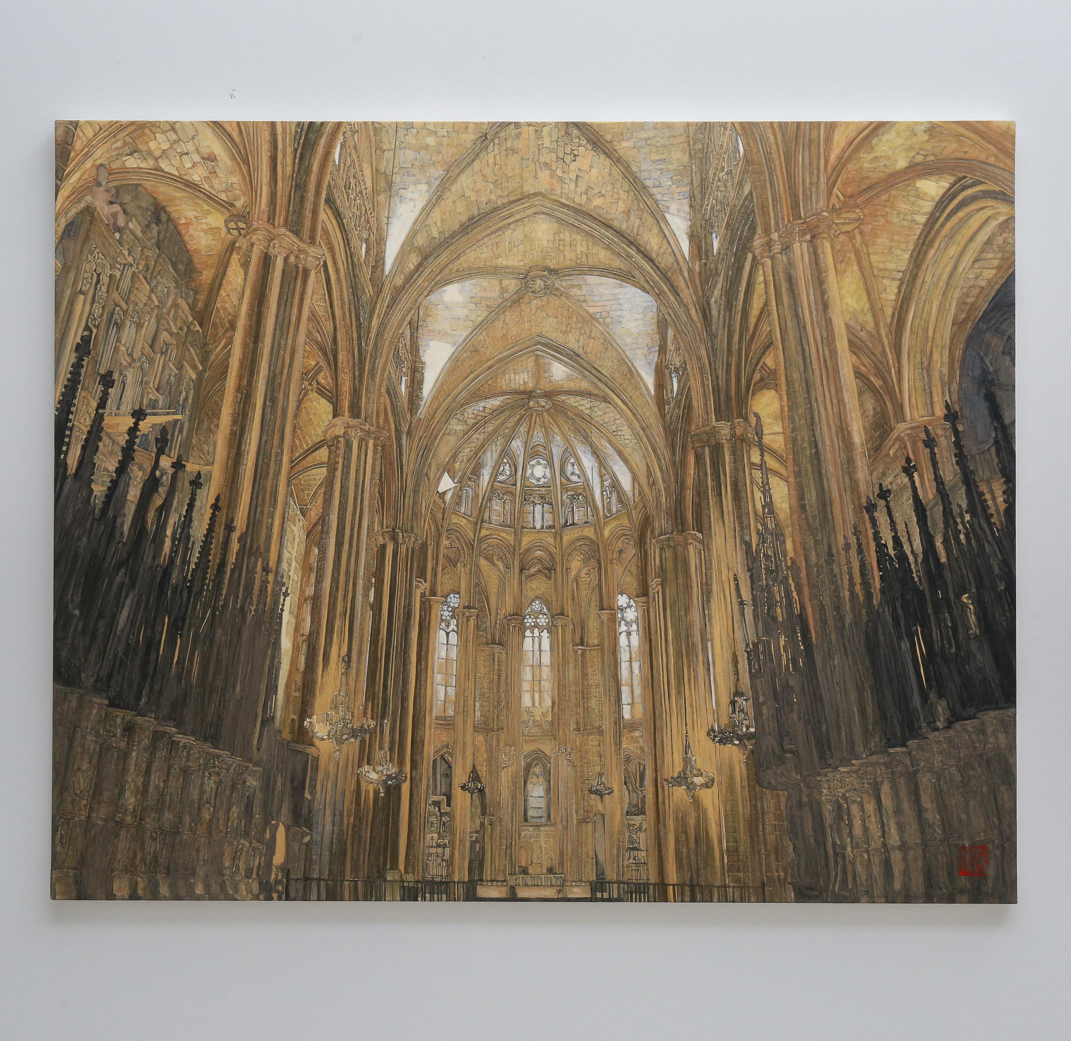 Barcelone cathédrale - Or et minéraux 24 carats, architecture, gothique, réalisme - Contemporain Painting par Maria Mitsumori