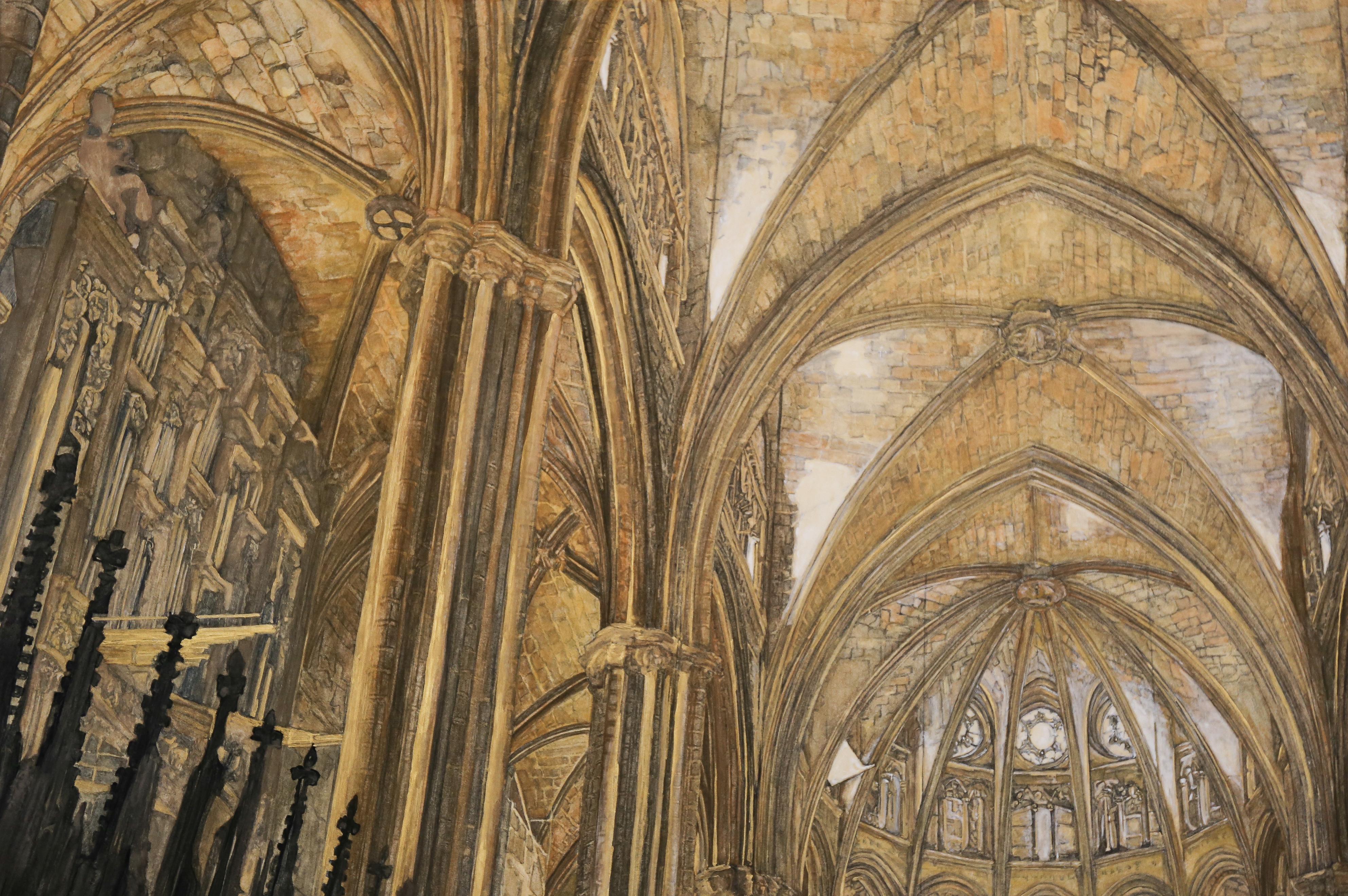 Barcelona- Kathedrale – 24 Karat Gold und Mineralien, Architektur, Gotik, Realismus im Angebot 1