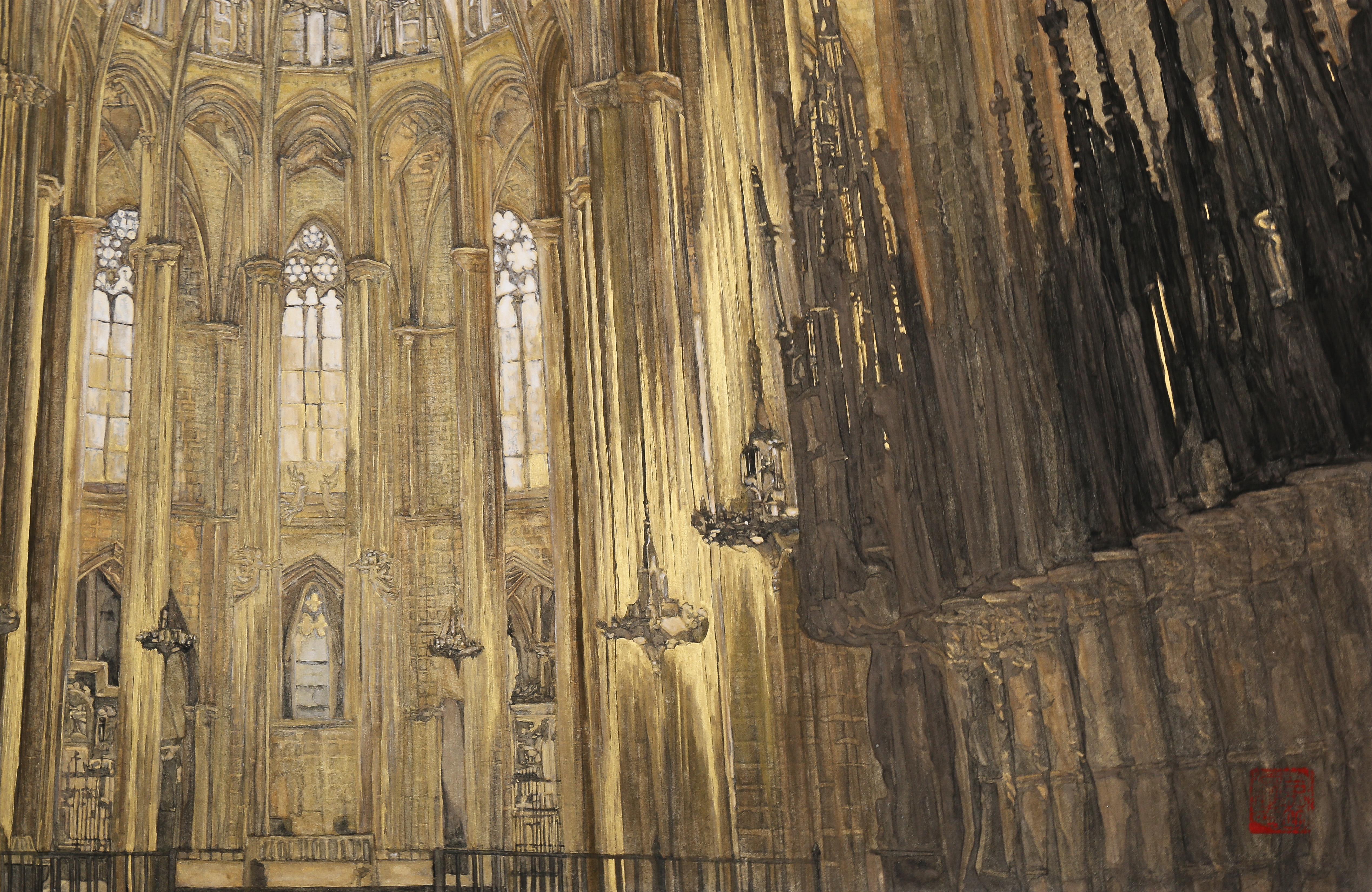 Barcelona Cathedral - 24k Gold and Minerals, Architecture, Gothic, Realism For Sale 2