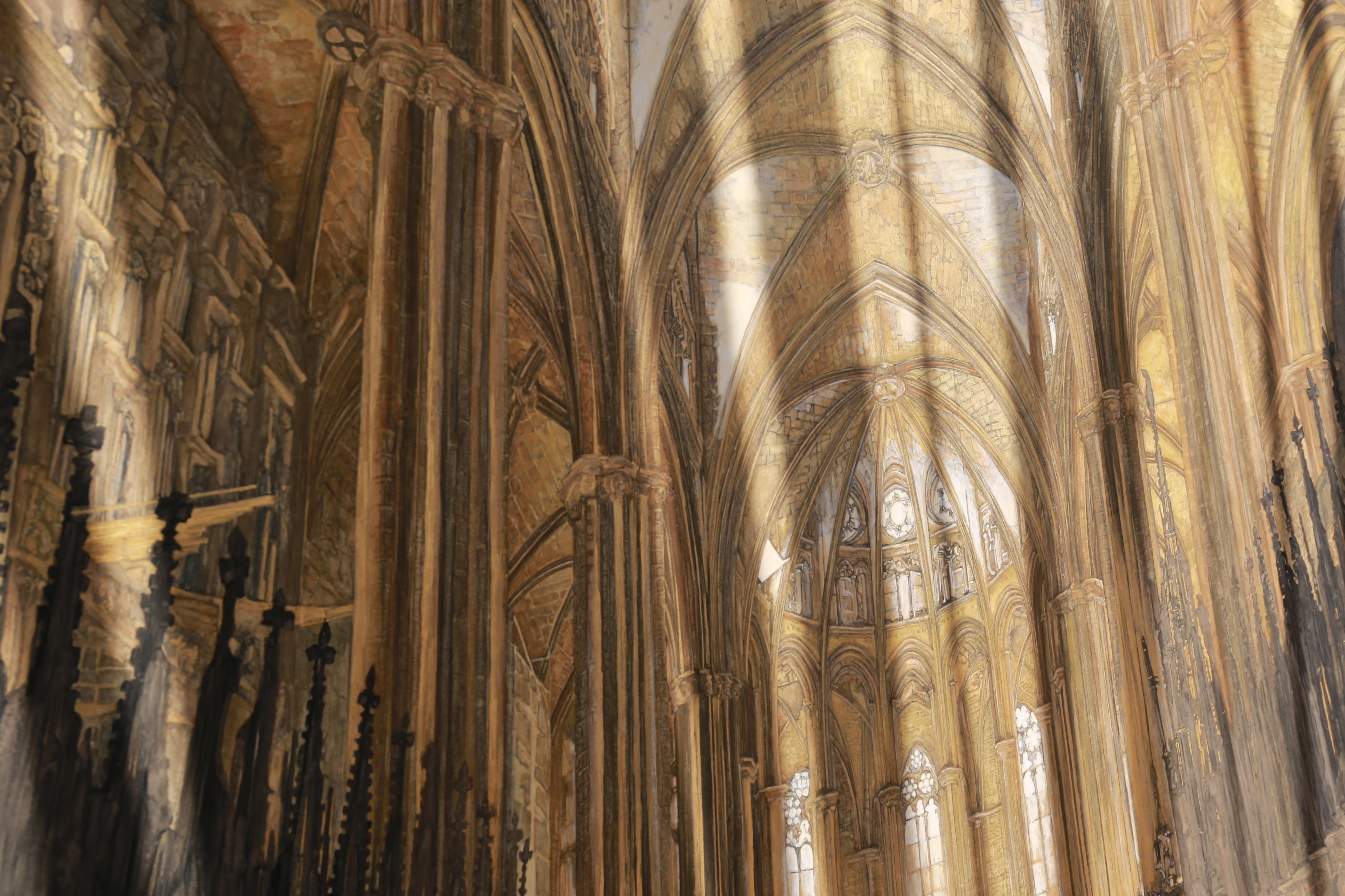 Barcelona- Kathedrale – 24 Karat Gold und Mineralien, Architektur, Gotik, Realismus im Angebot 4