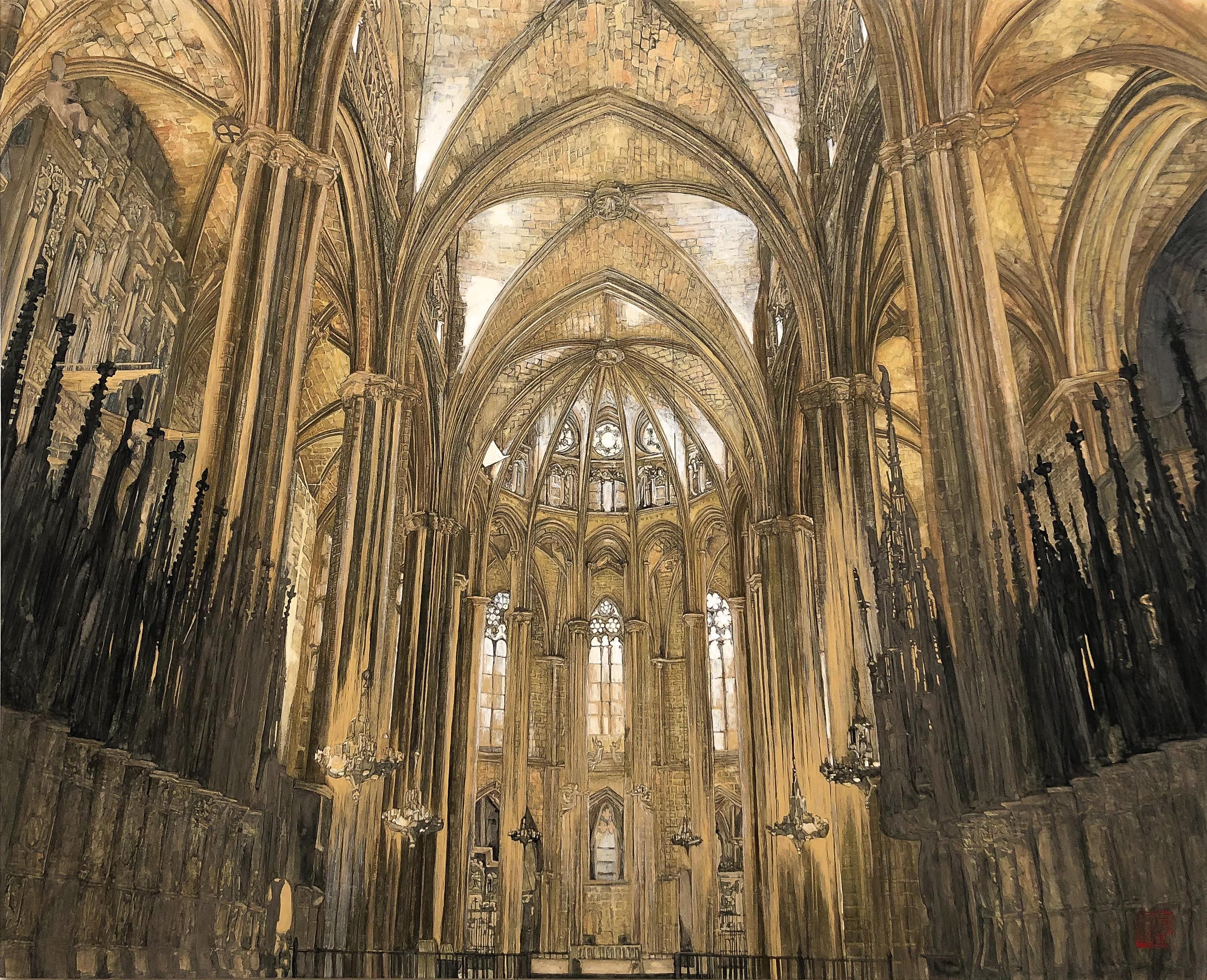 Maria Mitsumori Interior Painting – Barcelona- Kathedrale – 24 Karat Gold und Mineralien, Architektur, Gotik, Realismus