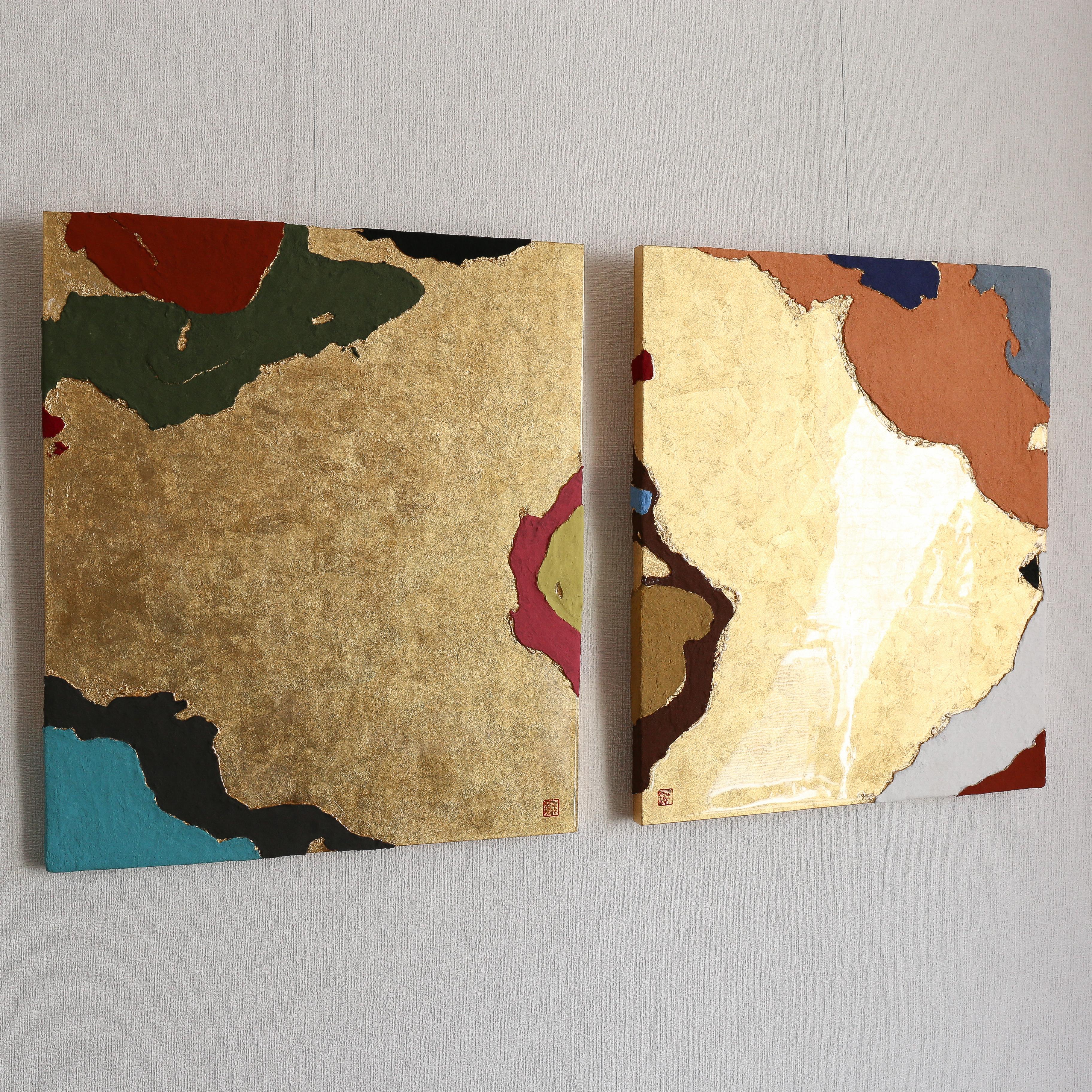 Furaha Mbili - Japanese Gold Leaf and Minerals, 3D Textured Abstract Painting For Sale 7