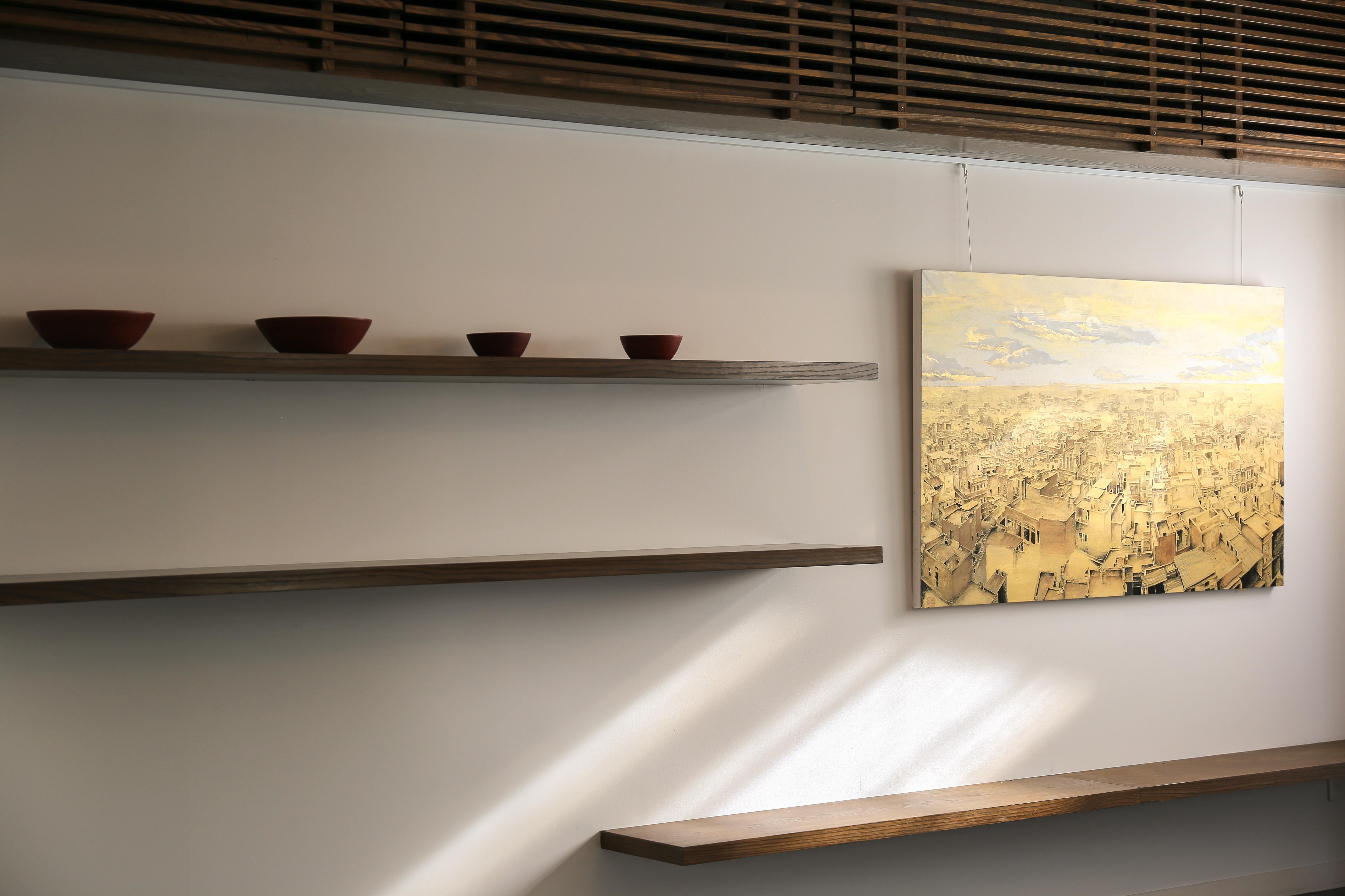 Goldene Stadt – 24 Karat Gold und Mineral, Stadtlandschaft, luxuriöses, großes Gemälde, Edelstein – Painting von Maria Mitsumori