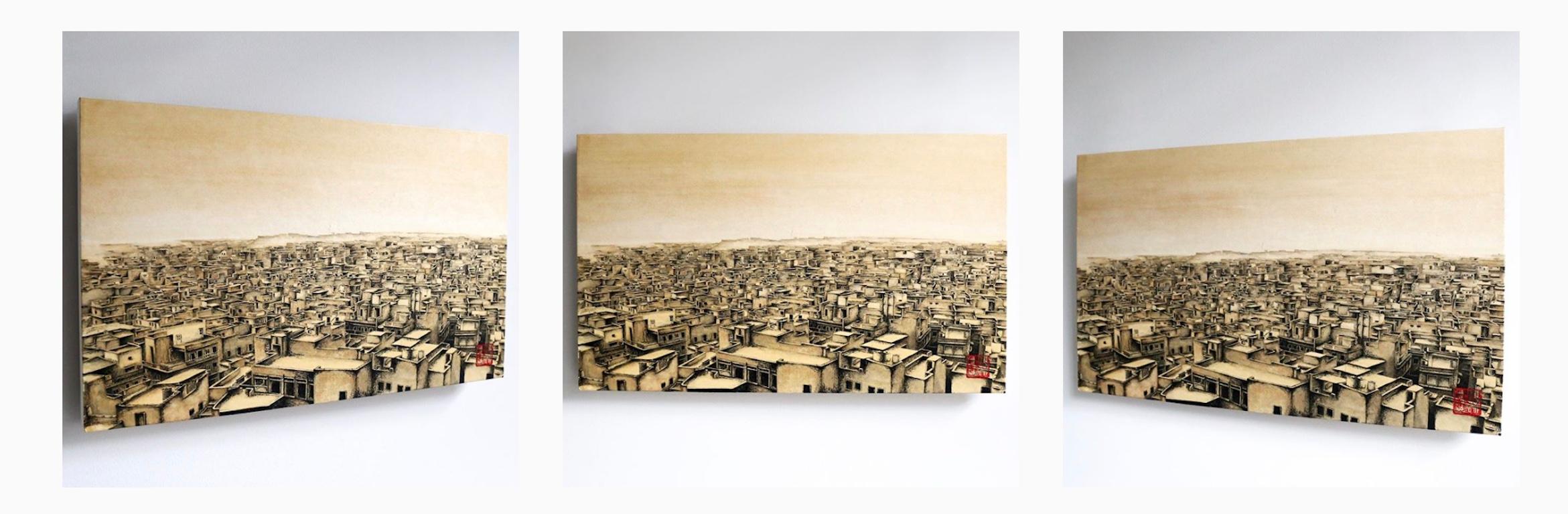 Golden City I - 24k Gold and Mineral Painting, Cityscape, Textured, Small Size For Sale 1