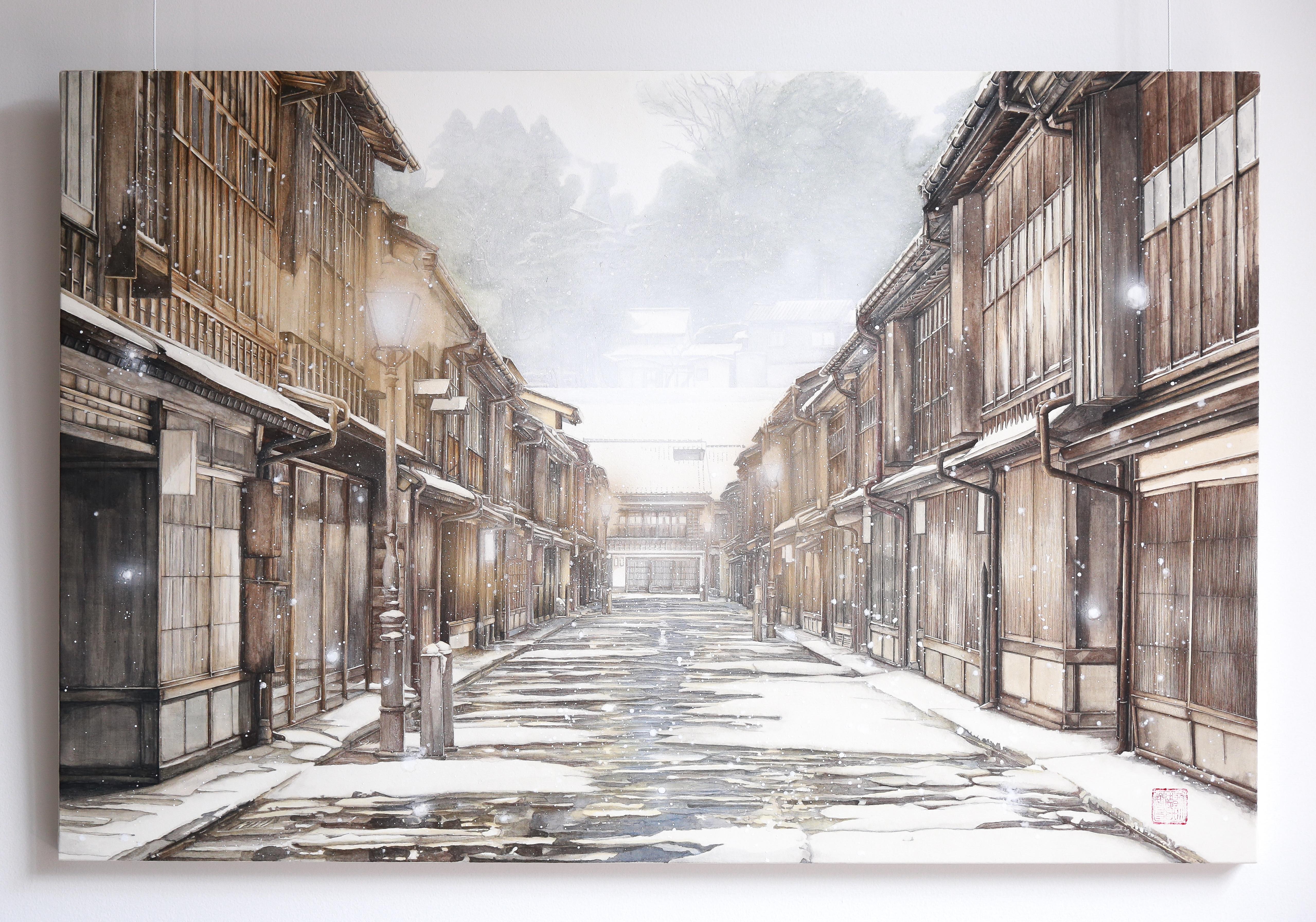 Kanazawa - Japanese Cityscape Painting in 24k Gold and Minerals, Realism, Winter - Gray Landscape Painting by Maria Mitsumori
