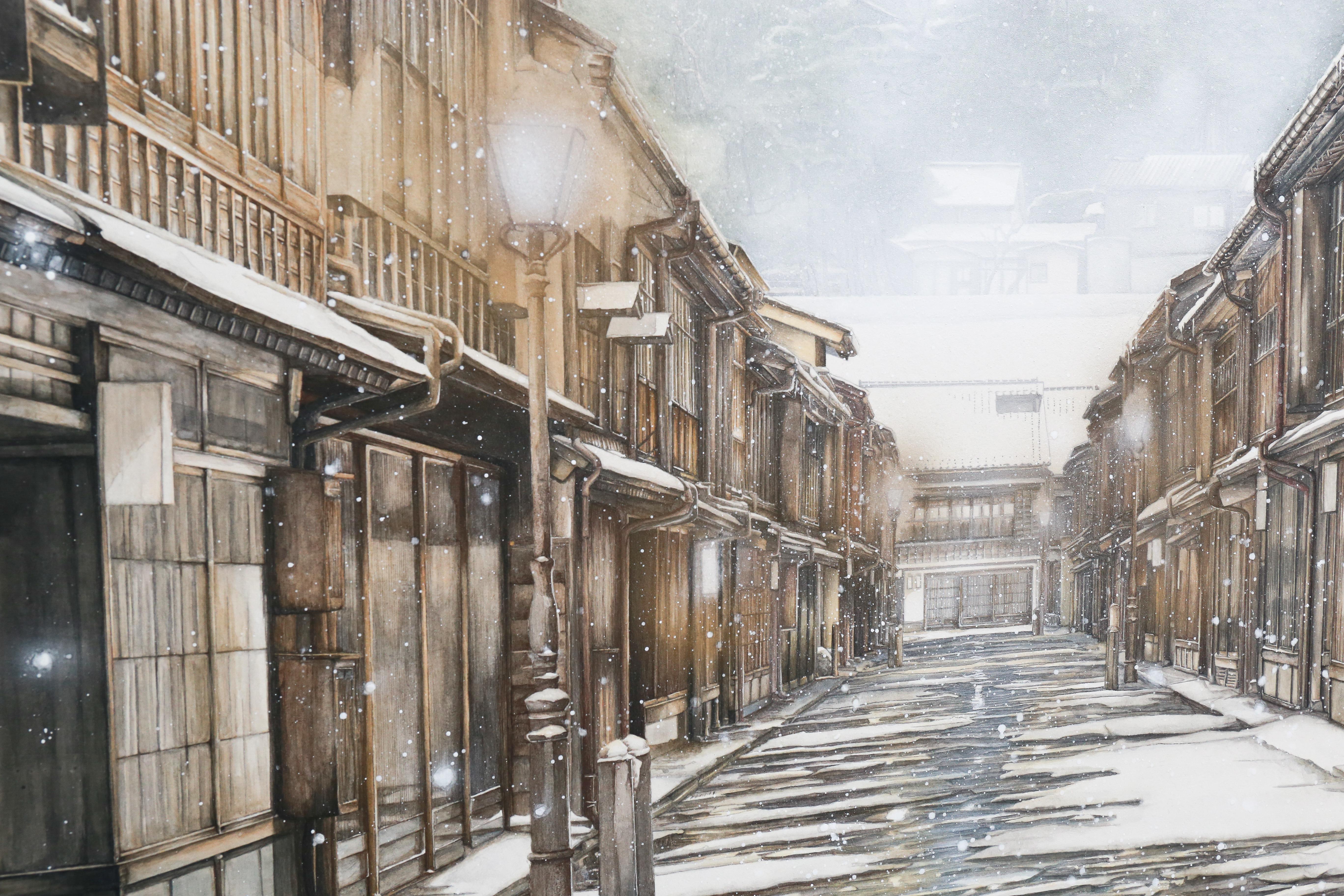 Kanazawa - Japanese Cityscape Painting in 24k Gold and Minerals, Realism, Winter For Sale 2