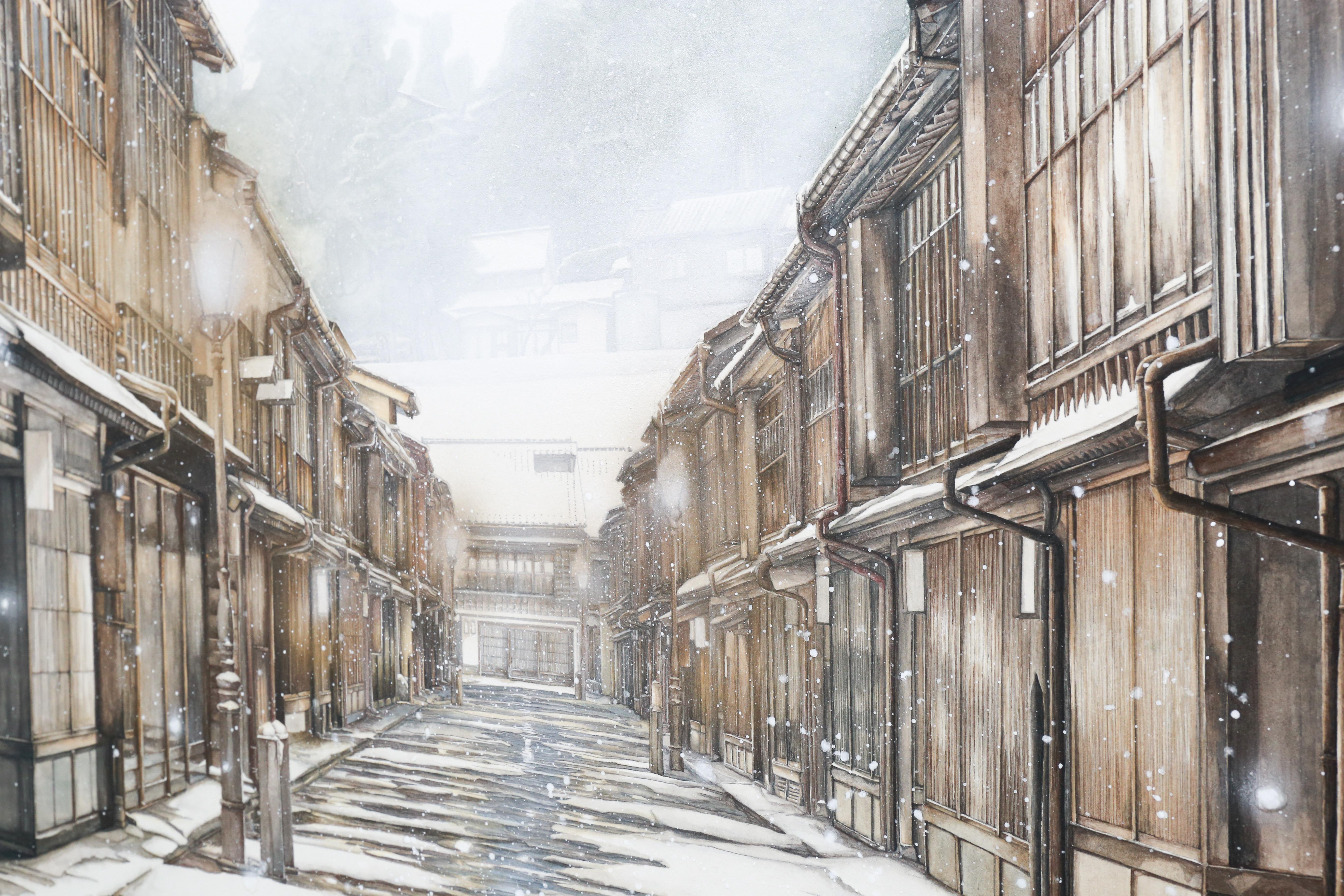 Kanazawa - Japanese Cityscape Painting in 24k Gold and Minerals, Realism, Winter For Sale 4