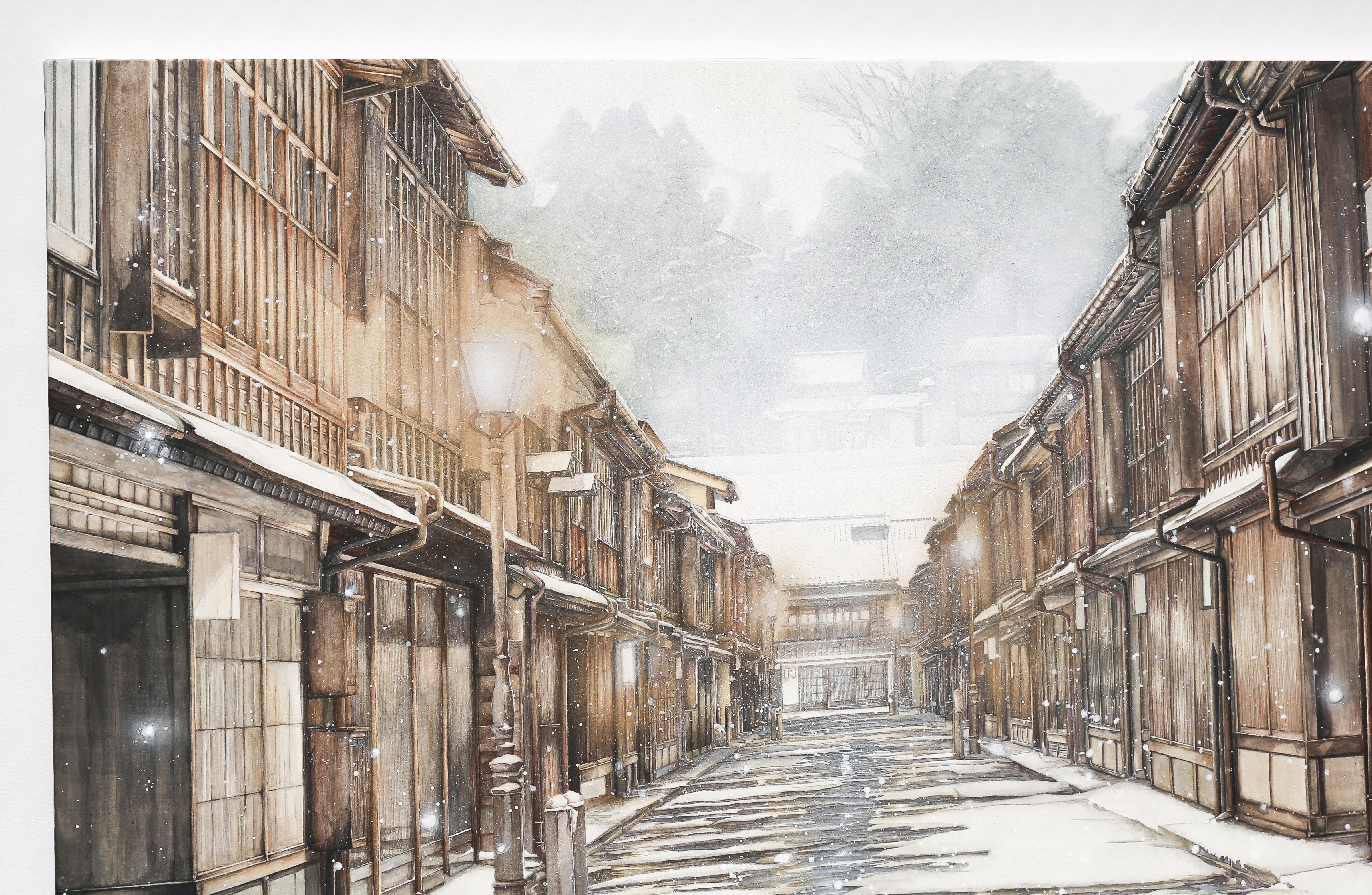 Kanazawa - Japanese Cityscape Painting in 24k Gold and Minerals, Realism, Winter For Sale 4