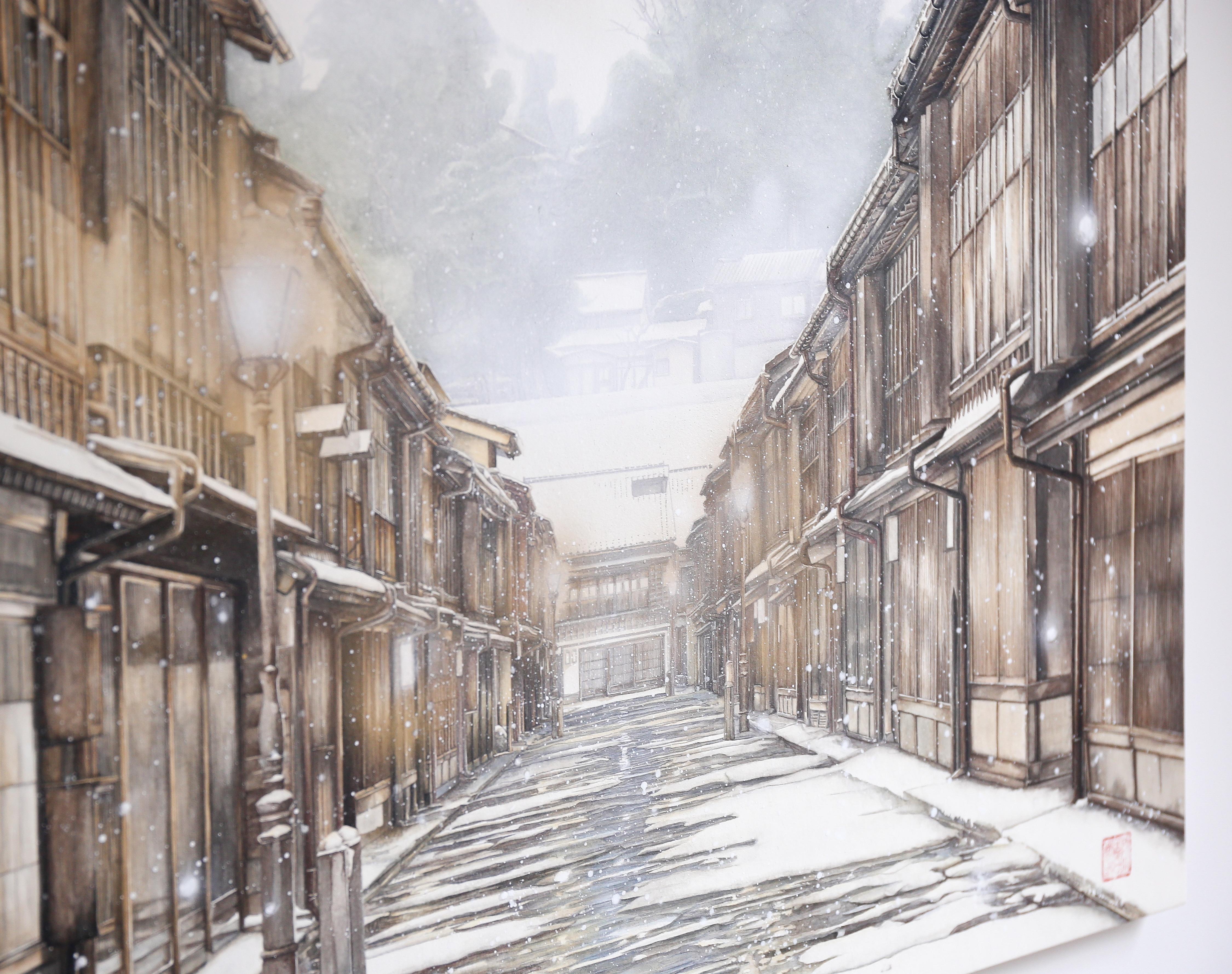 Kanazawa - Japanese Cityscape Painting in 24k Gold and Minerals, Realism, Winter For Sale 6