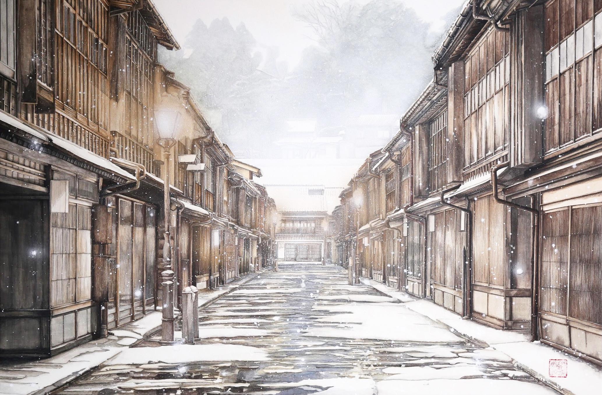 Kanazawa – Japanische Stadtlandschaft, Gemälde aus 24-karätigem Gold und Mineralien, Realismus, Winter