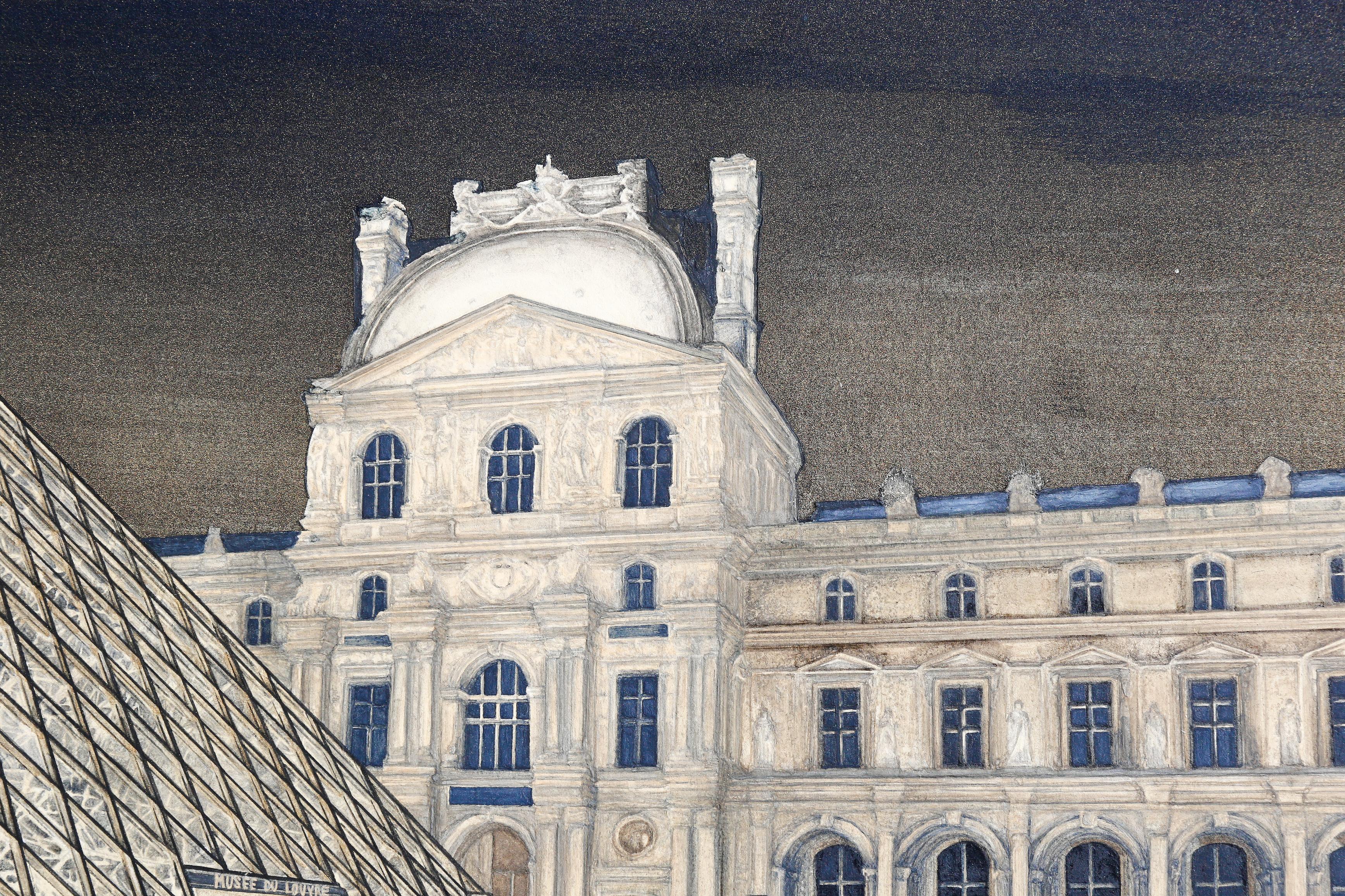 Midnight Louvre - 24k Gold and Mineral Painting, Architecture Realism, Paris For Sale 8