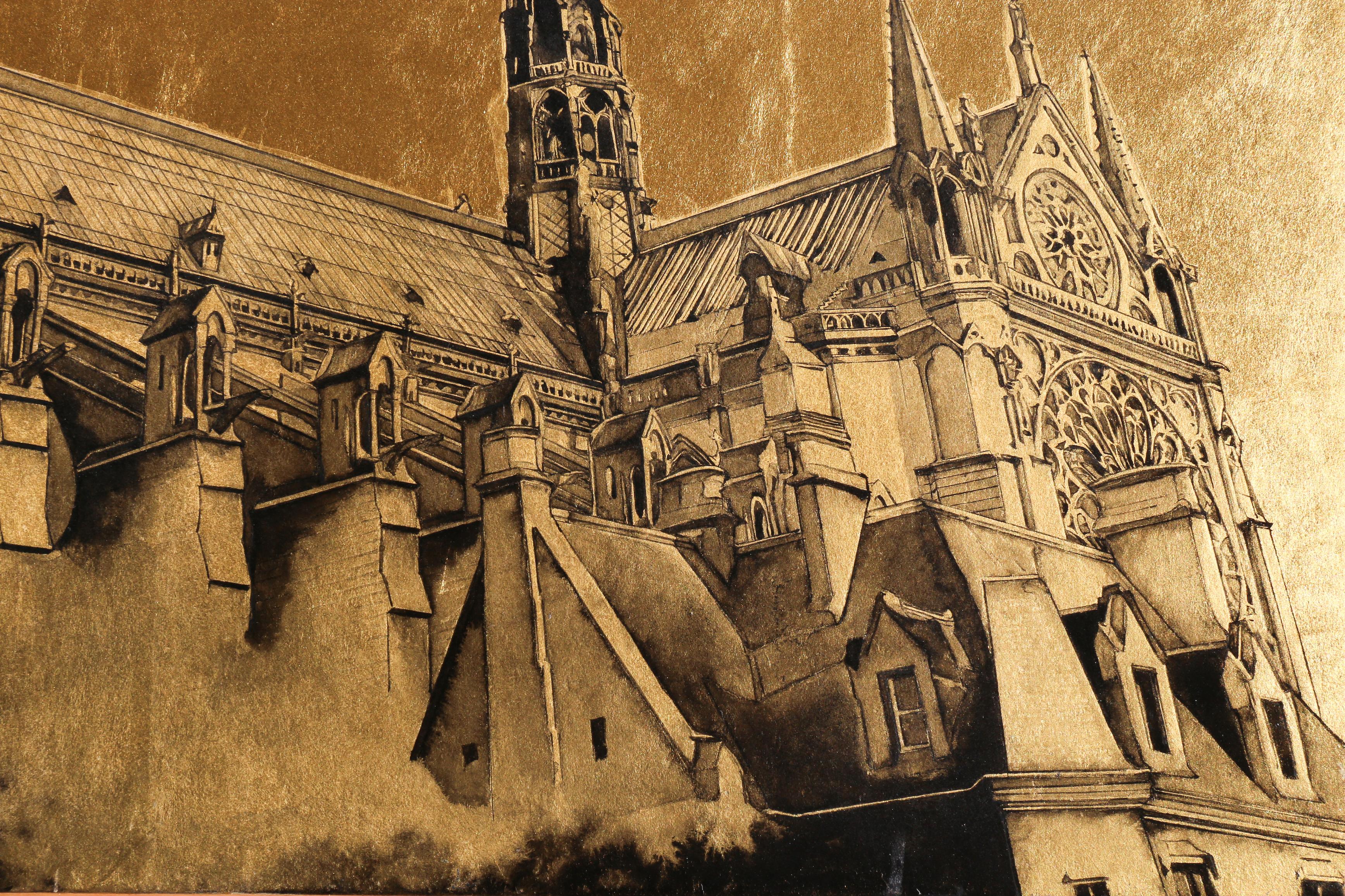 Notre-Dame de Paris – 24 Karat Blattgold und Sumi-Tinte, Pariser Realismus, Gemälde, Zen im Angebot 4