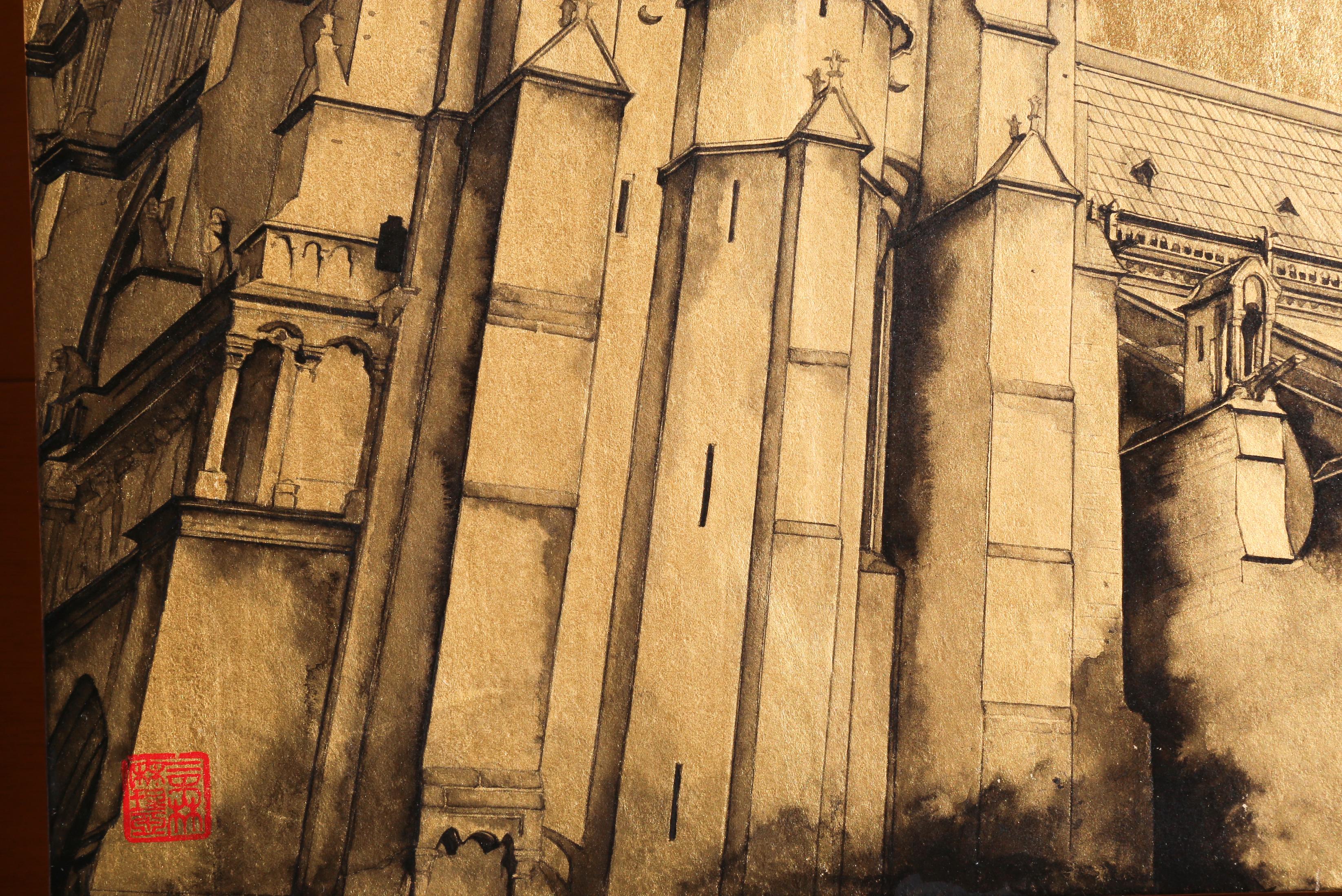 Notre-Dame de Paris – 24 Karat Blattgold und Sumi-Tinte, Pariser Realismus, Gemälde, Zen im Angebot 7