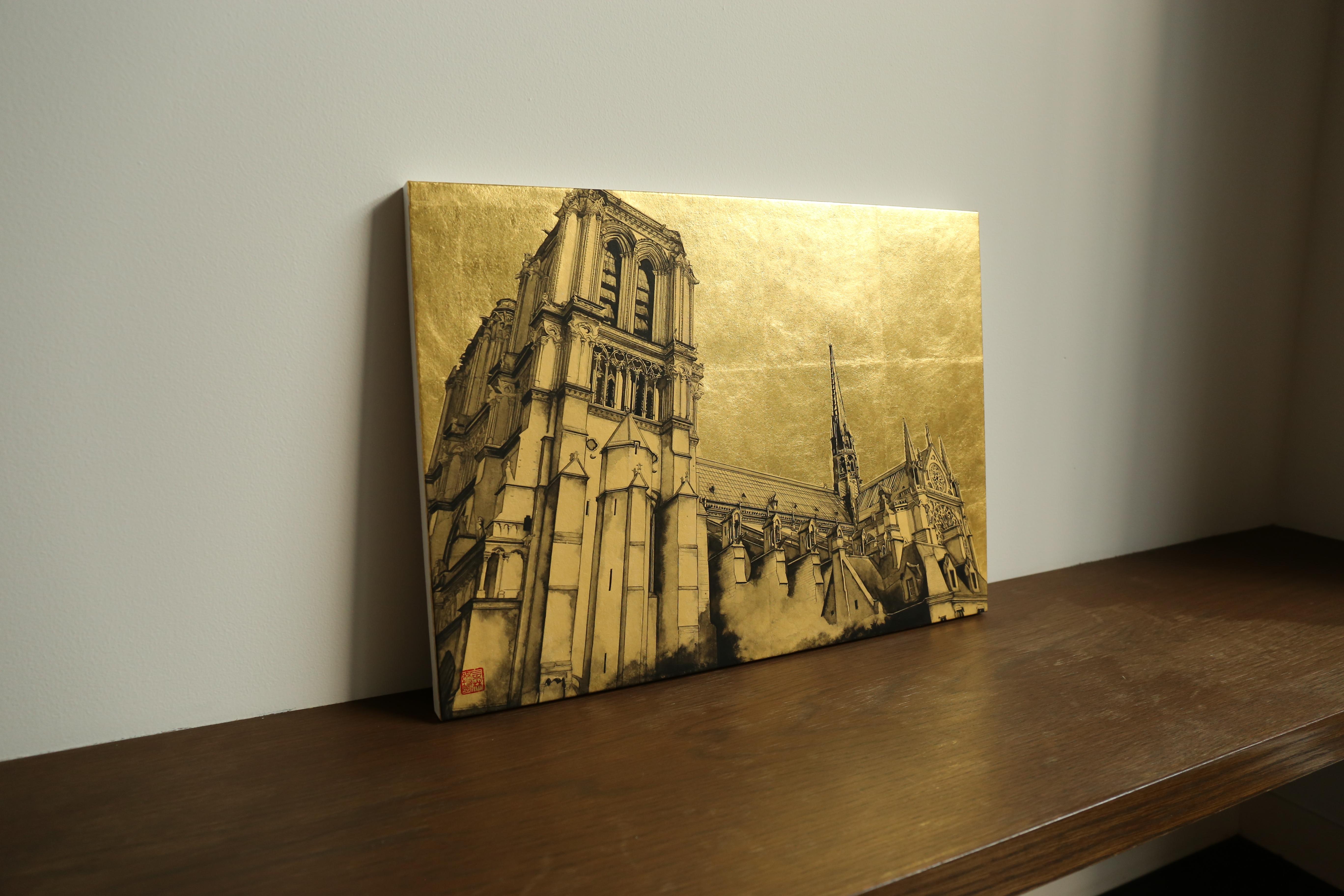 Notre-Dame de Paris – 24 Karat Blattgold und Sumi-Tinte, Pariser Realismus, Gemälde, Zen im Angebot 11