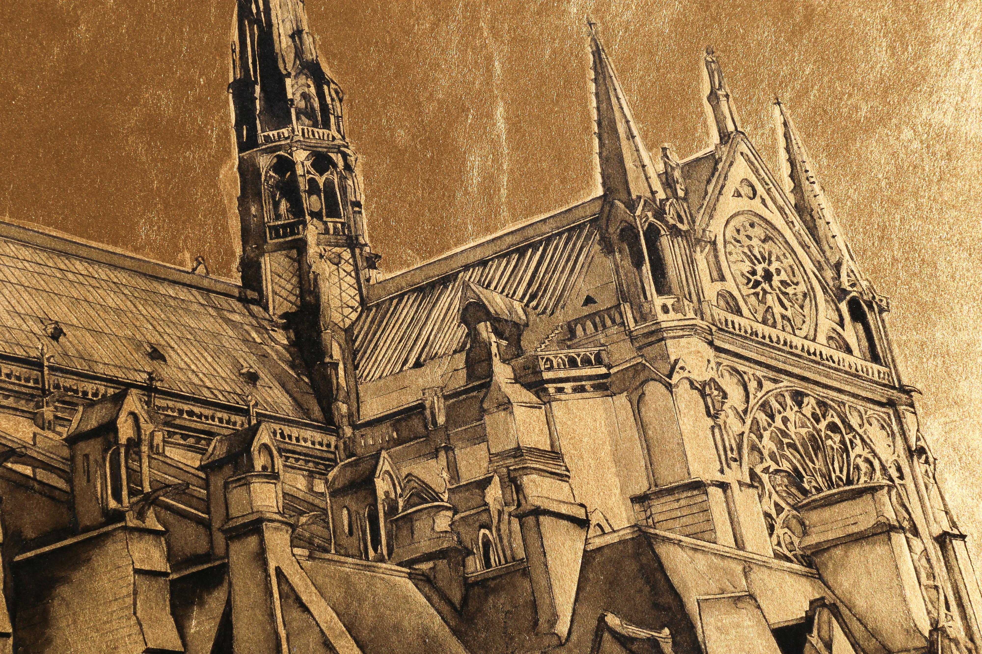 Notre-Dame de Paris – 24 Karat Blattgold und Sumi-Tinte, Pariser Realismus, Gemälde, Zen (Braun), Landscape Painting, von Maria Mitsumori