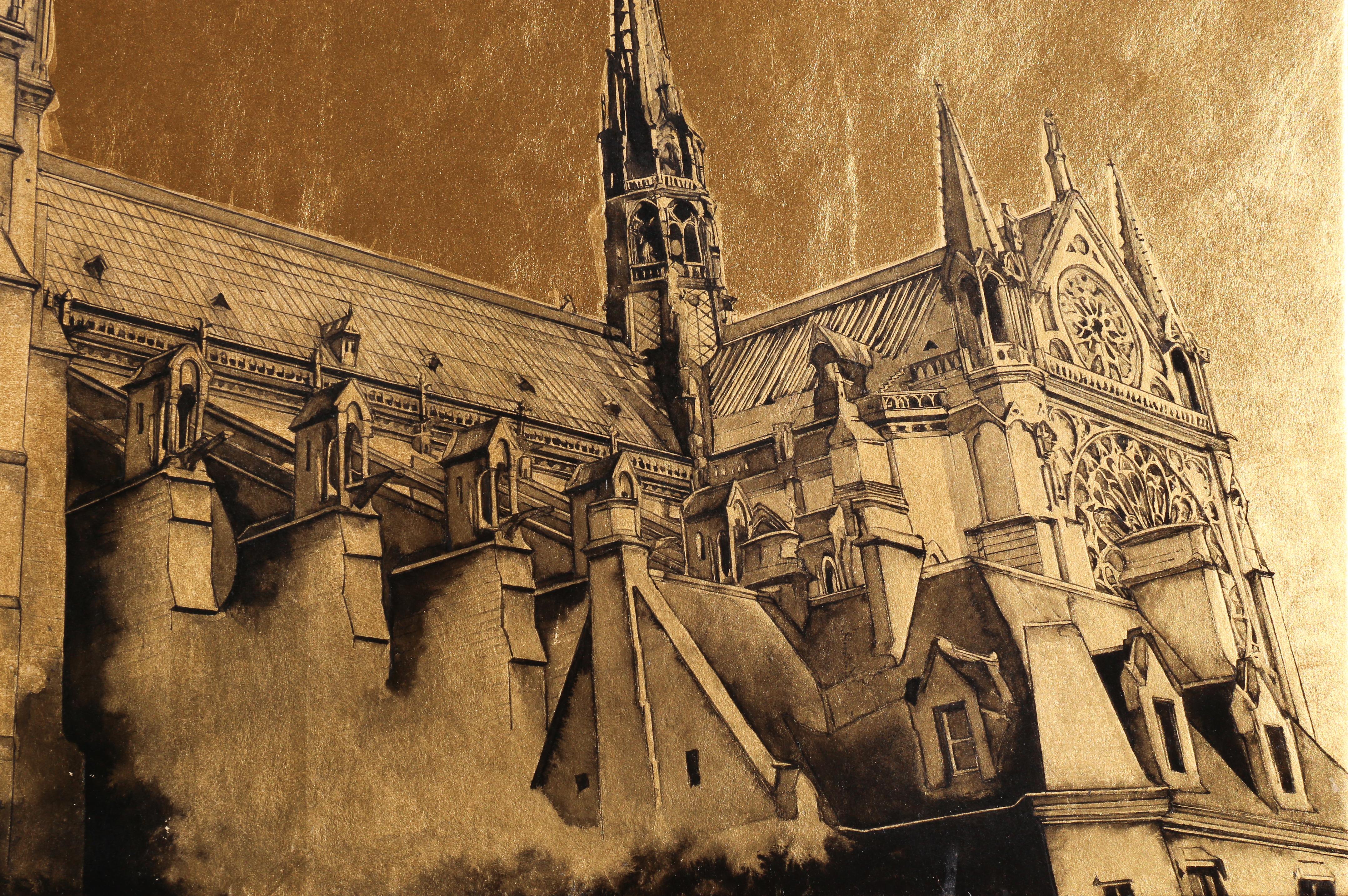 Notre-Dame de Paris – 24 Karat Blattgold und Sumi-Tinte, Pariser Realismus, Gemälde, Zen im Angebot 3