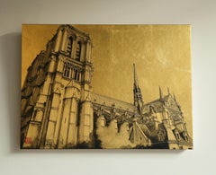 Notre-Dame de Paris - 24k Gold Leaf and Sumi Ink, Paris Realism Painting, Zen