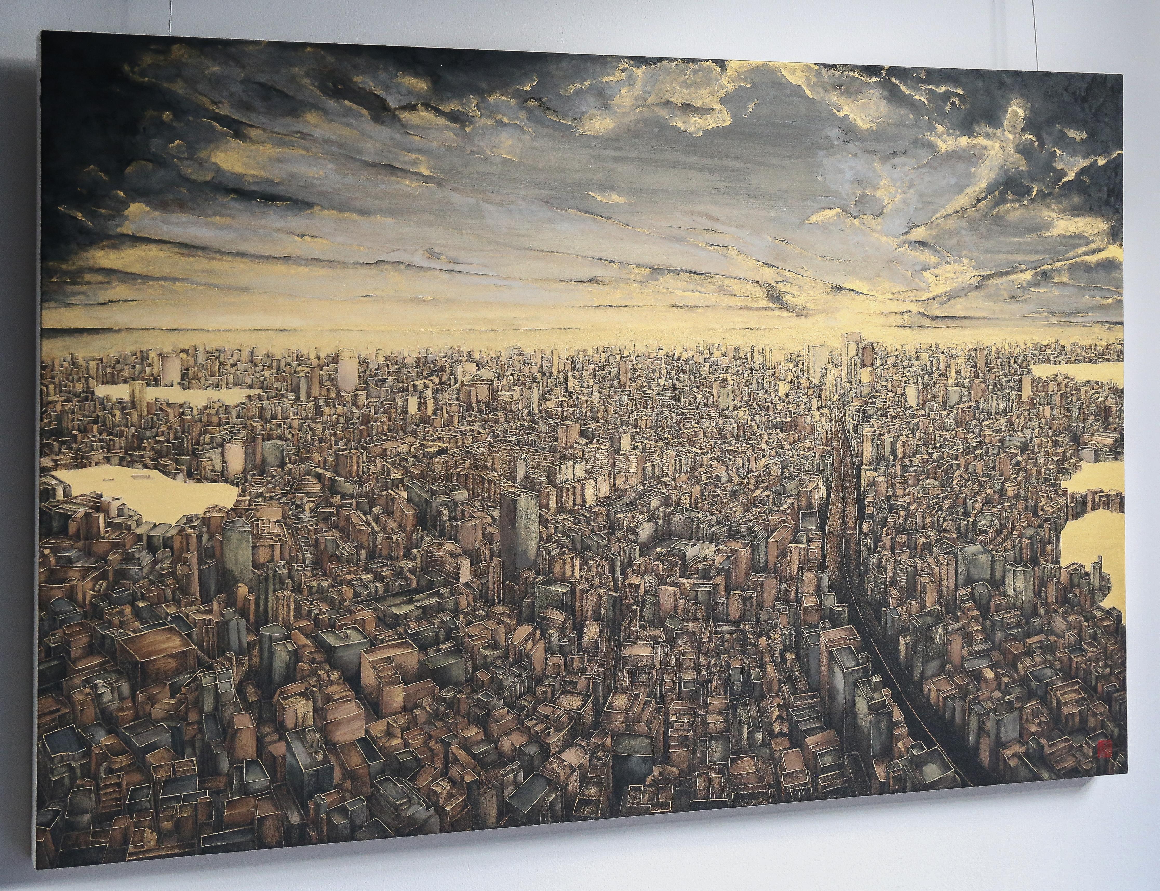 Polysemous - Gold leaf and Mineral, Cityscape Painting, Tokyo, Gemstone, Realism For Sale 9