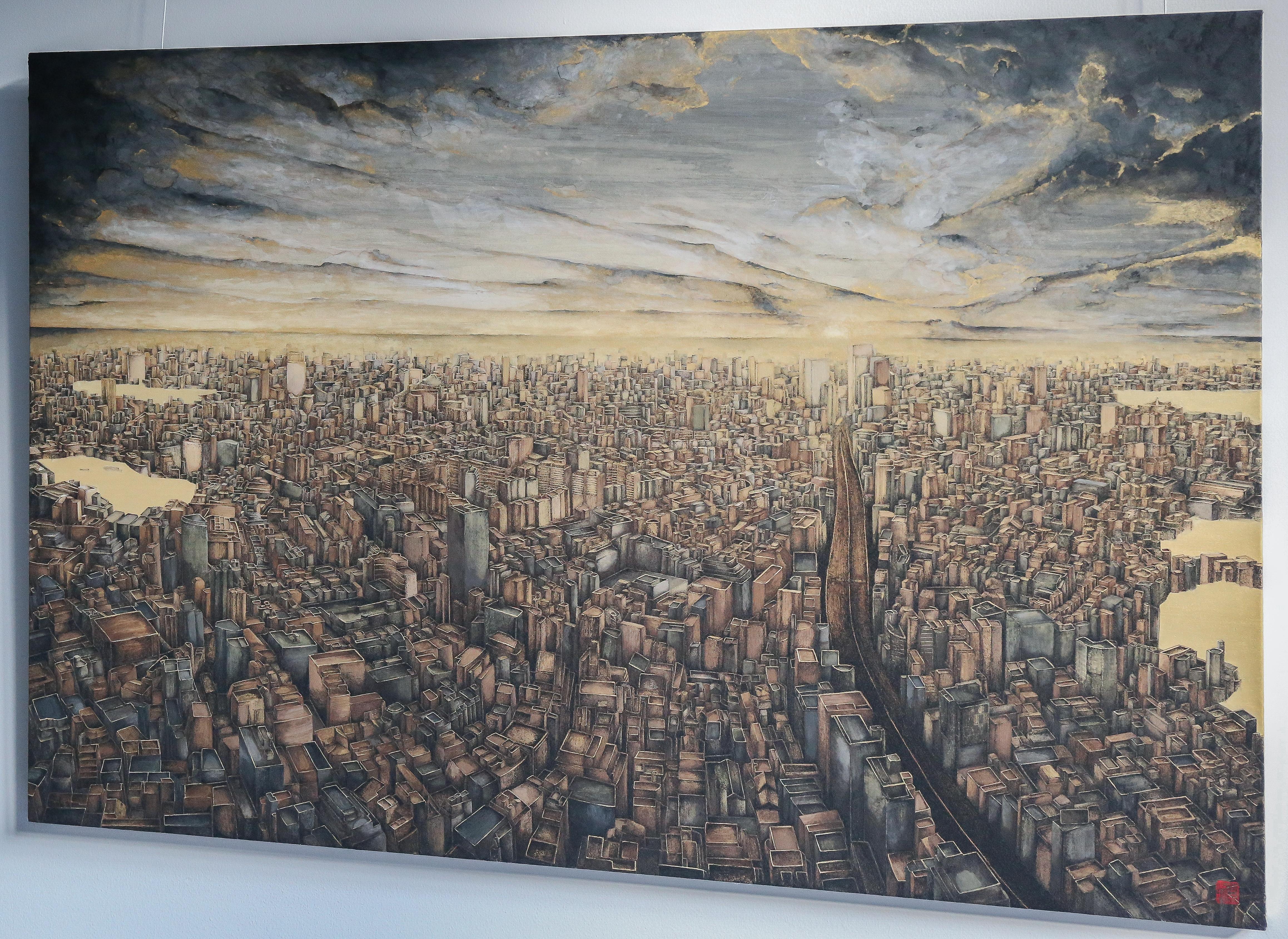 Polysemous - Gold leaf and Mineral, Cityscape Painting, Tokyo, Gemstone, Realism For Sale 10