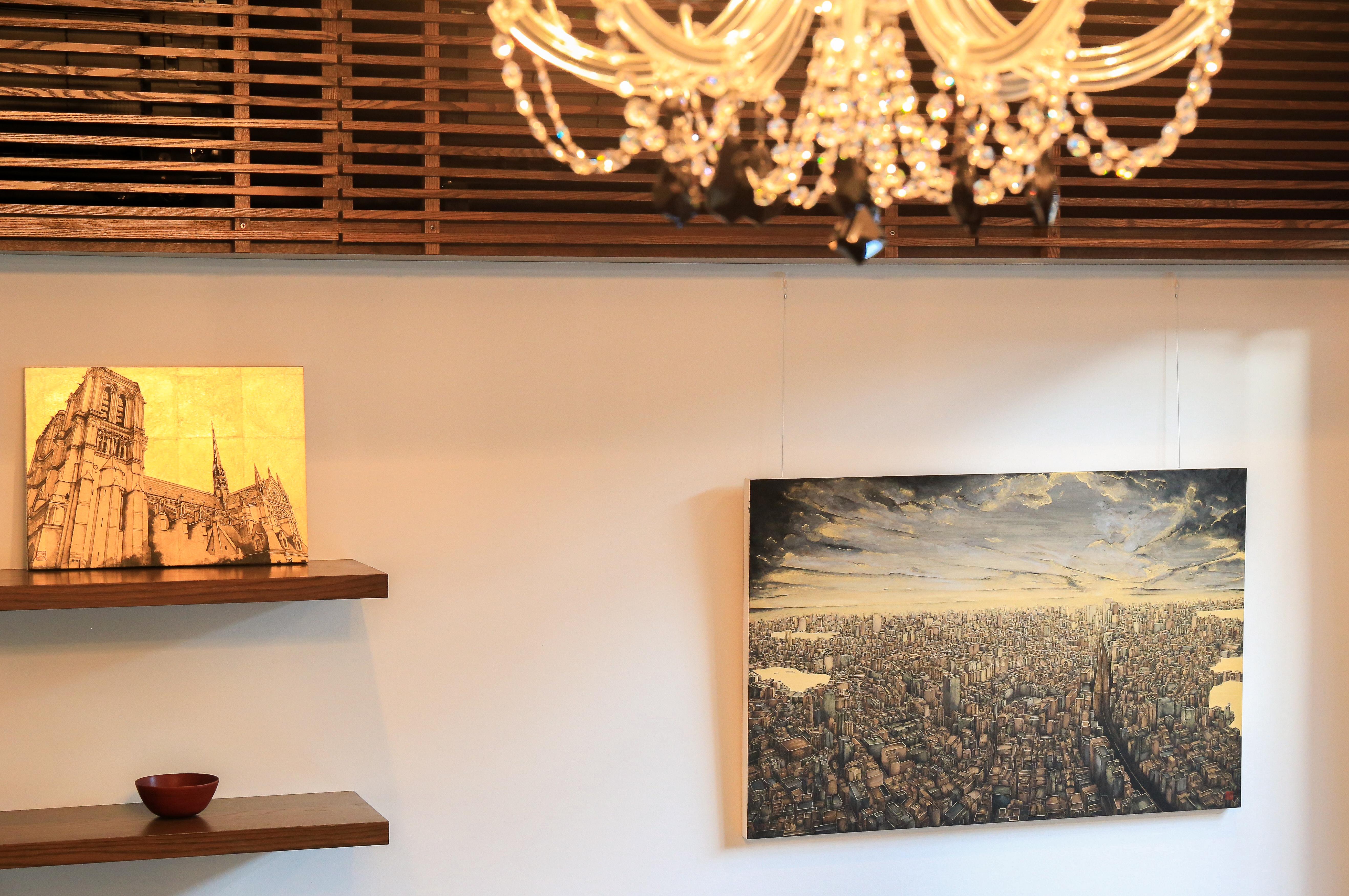 Polisémico - Pan de oro y mineral, Pintura de paisaje urbano, Tokio, Piedra preciosa, Realismo - Painting Contemporáneo de Maria Mitsumori