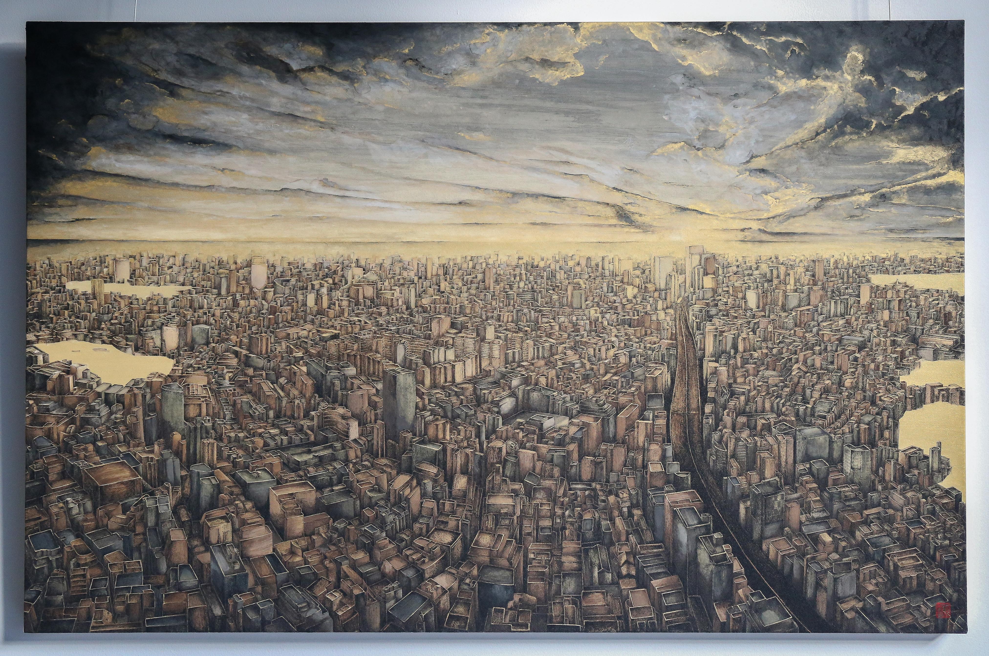 Polisémico - Pan de oro y mineral, Pintura de paisaje urbano, Tokio, Piedra preciosa, Realismo - Painting de Maria Mitsumori