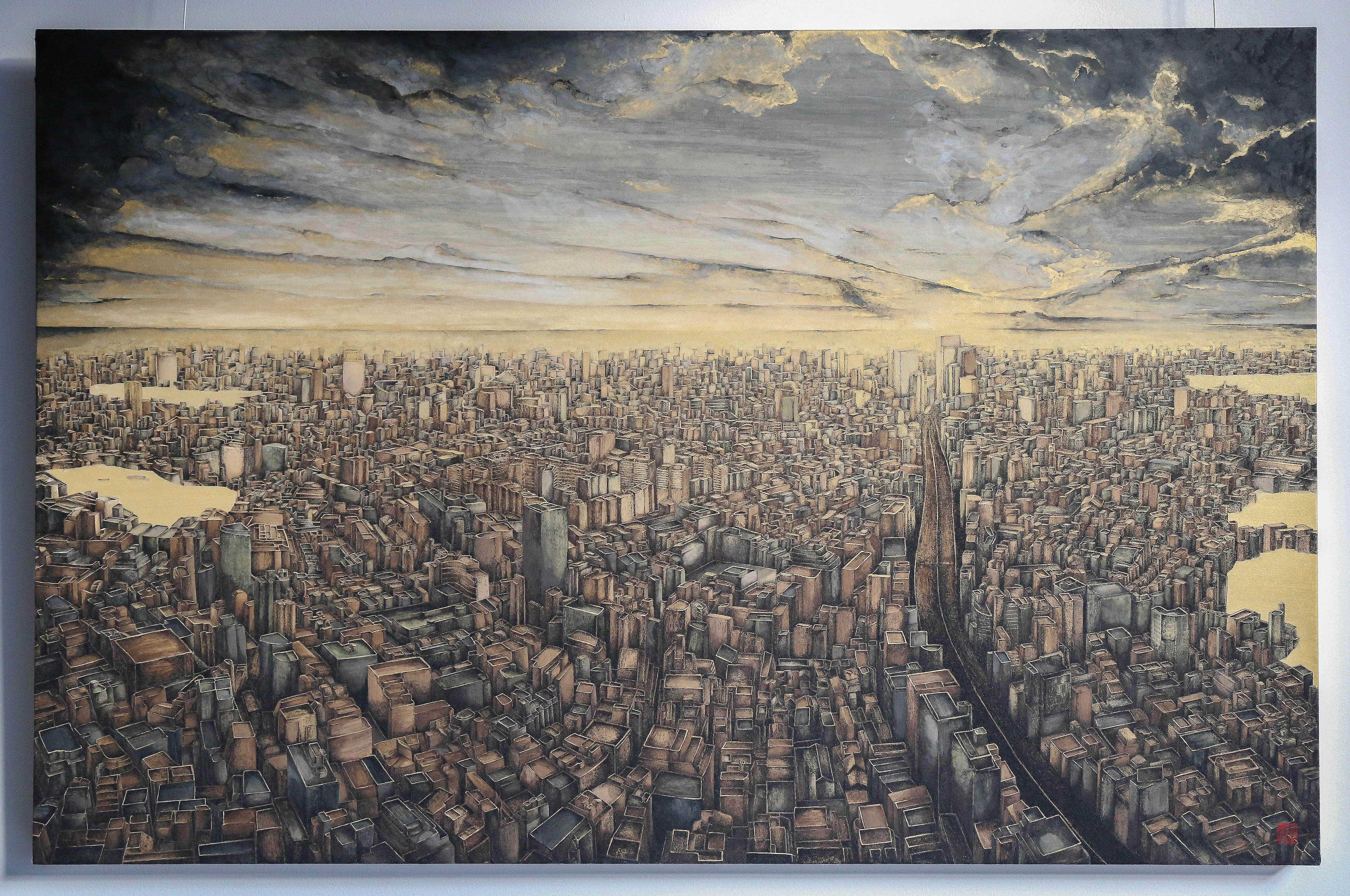 Polysemous - Feuille d'or et minéraux, peinture de paysage urbain, Tokyo, pierre précieuse, réalisme - Painting de Maria Mitsumori