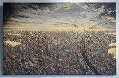 Polysemous - Gold leaf and Mineral, Cityscape Painting, Tokyo, Gemstone, Realism