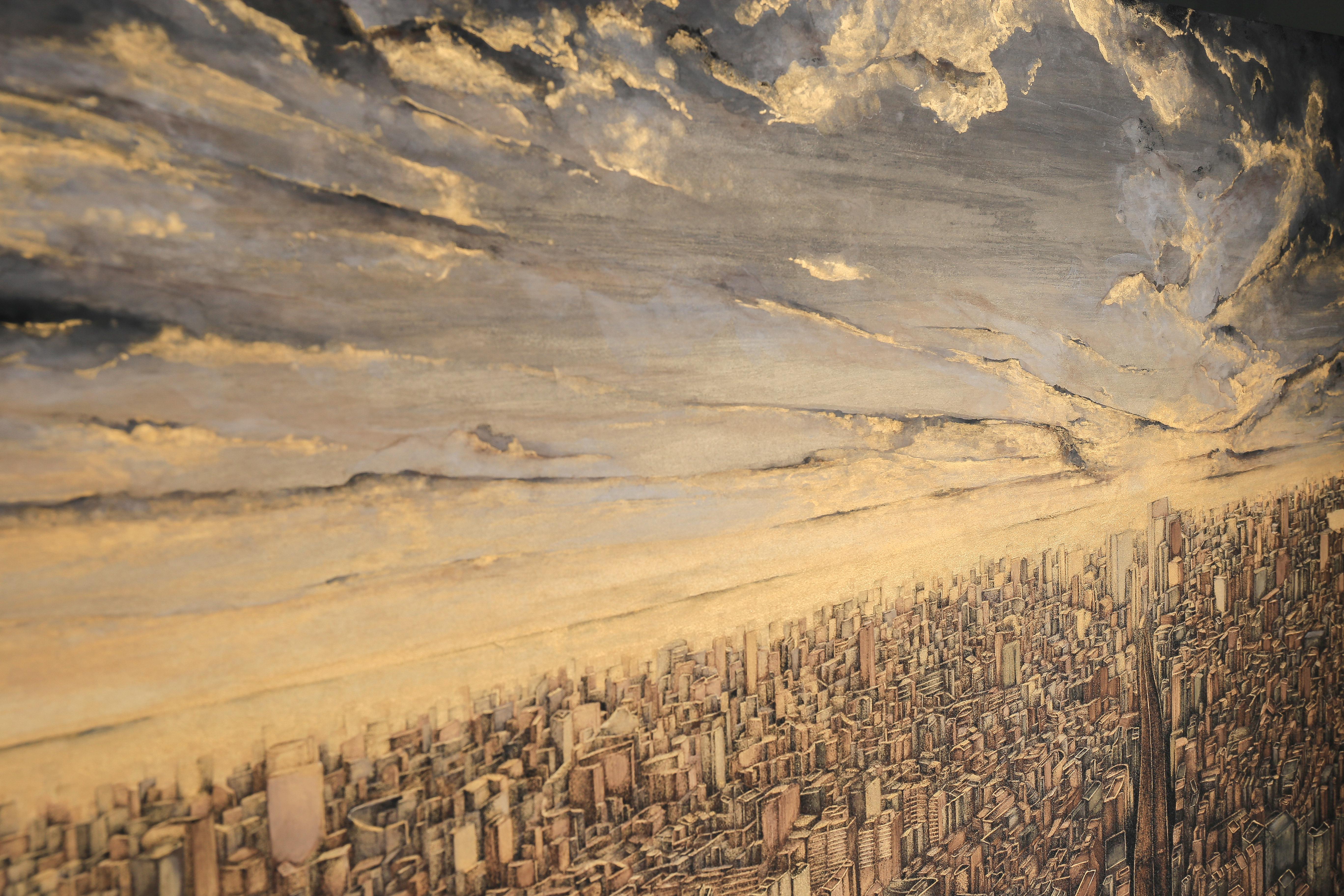 Polisémico - Pan de oro y mineral, Pintura de paisaje urbano, Tokio, Piedra preciosa, Realismo en venta 3
