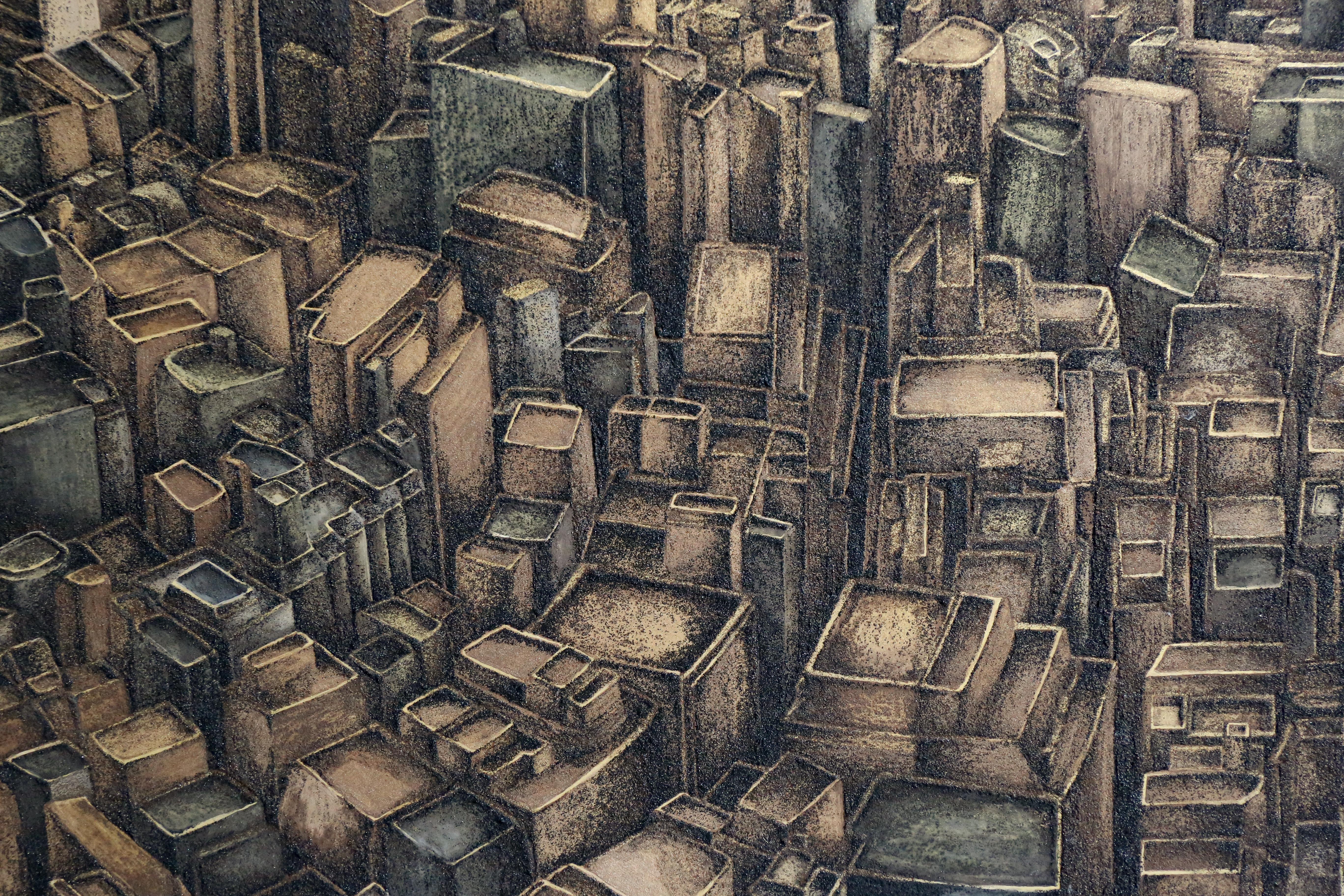 Polysemous - Gold leaf and Mineral, Cityscape Painting, Tokyo, Gemstone, Realism For Sale 7