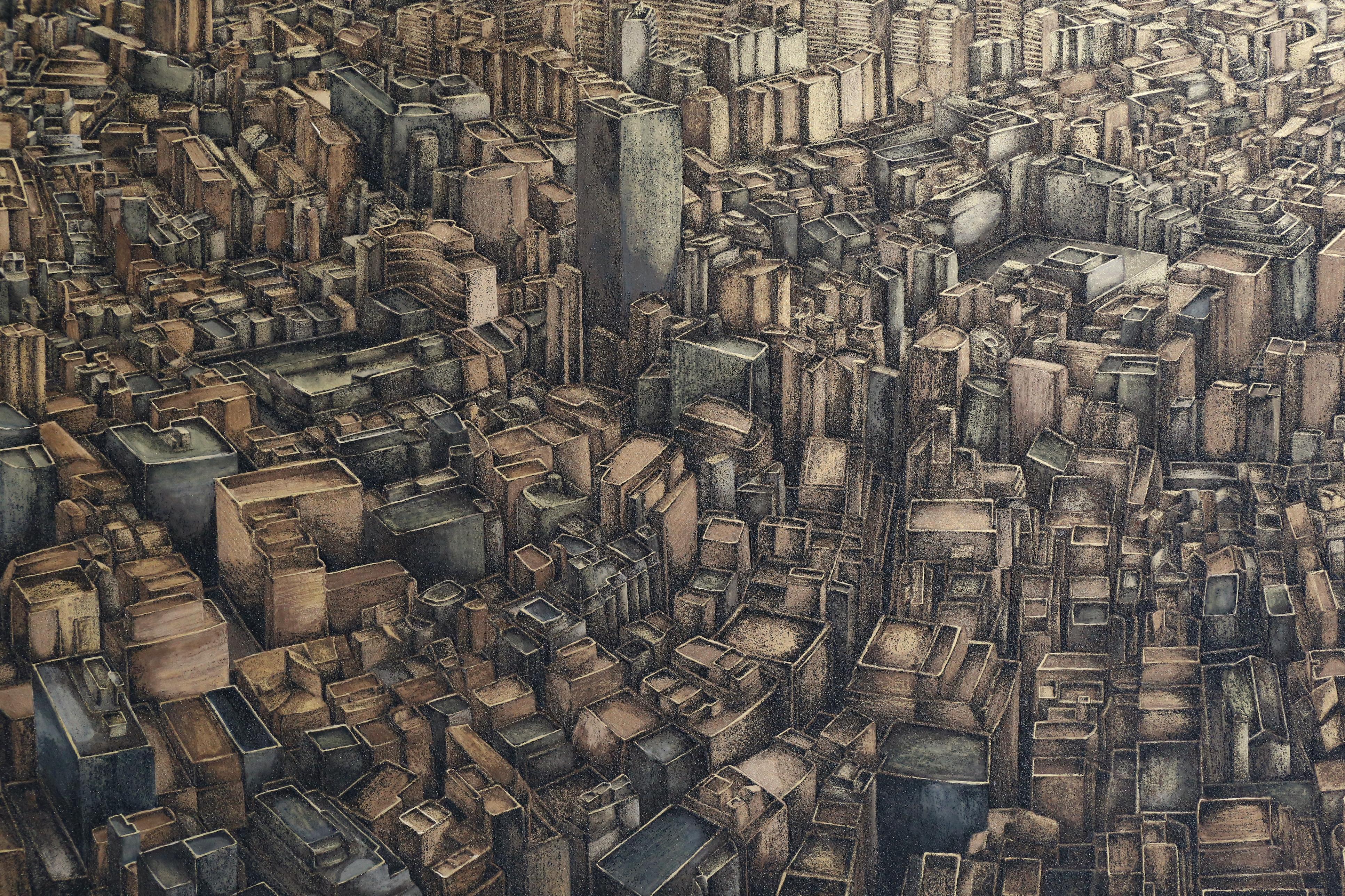 Polysemous - Gold leaf and Mineral, Cityscape Painting, Tokyo, Gemstone, Realism For Sale 8