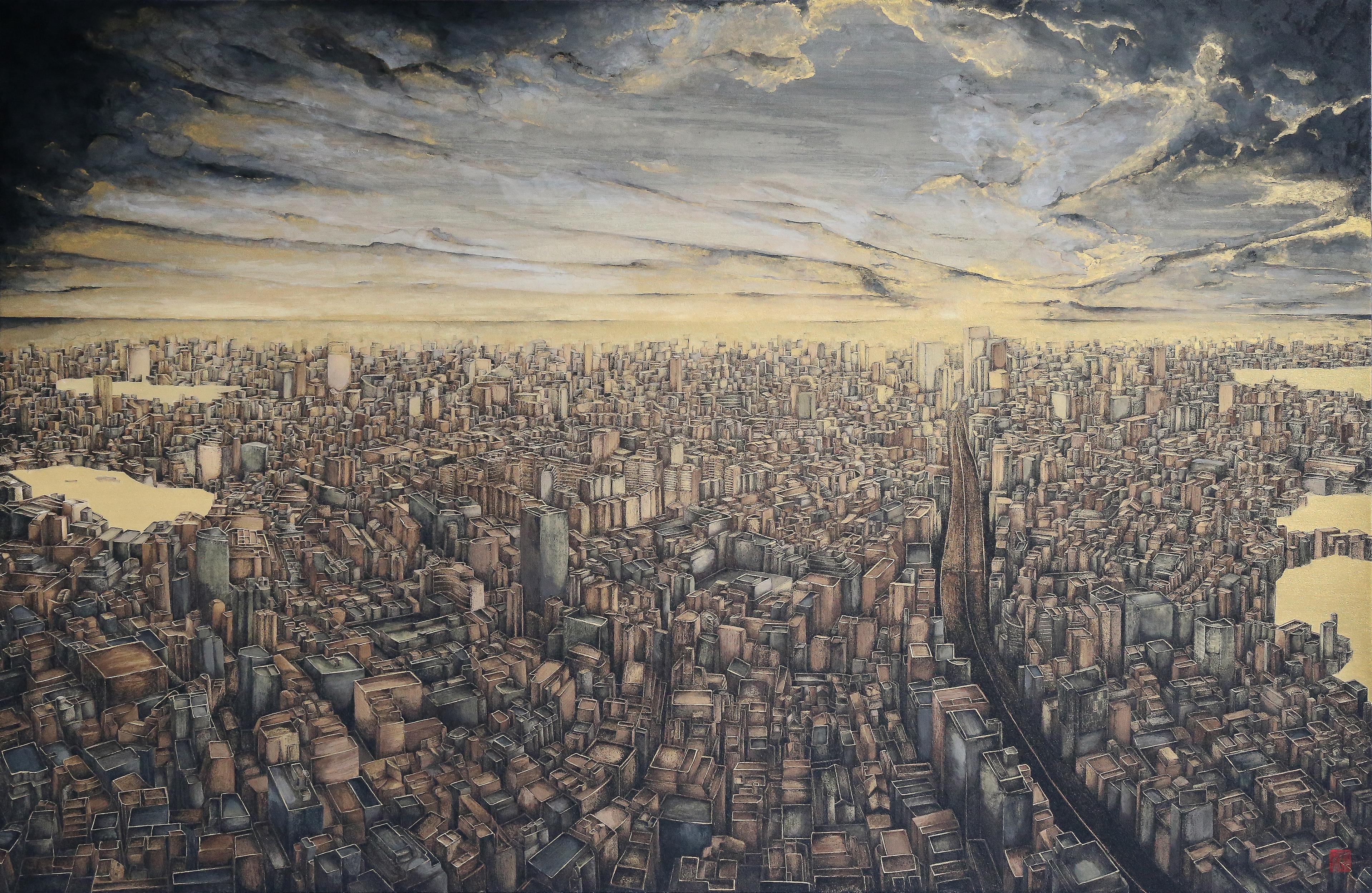 Polysemous - Gold leaf and Mineral, Cityscape Painting, Tokyo, Gemstone, Realism