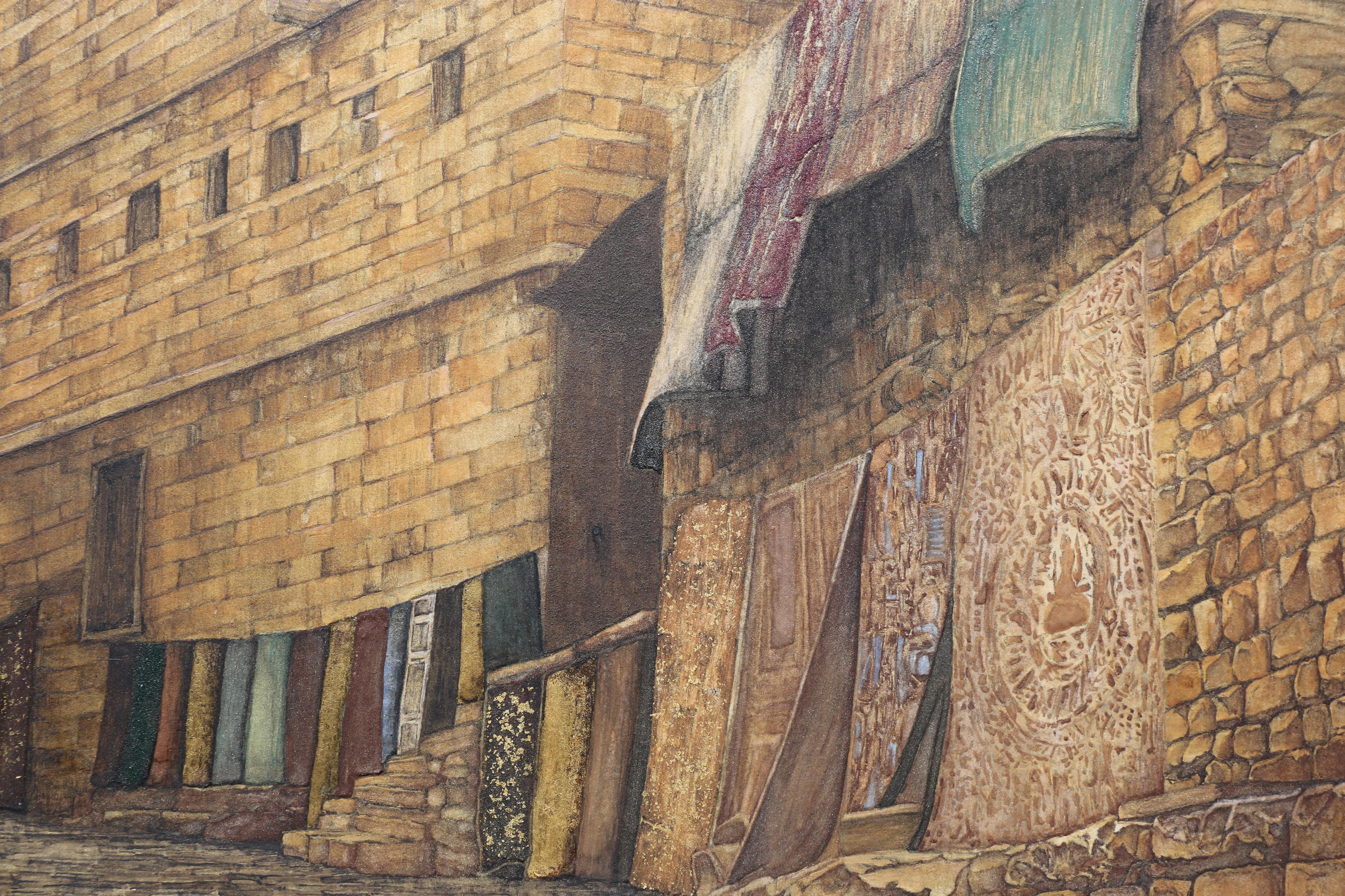 Street of Jaisalmer - Gold Leaf, Mineral and Ores Painting, Streetscape Realism For Sale 3