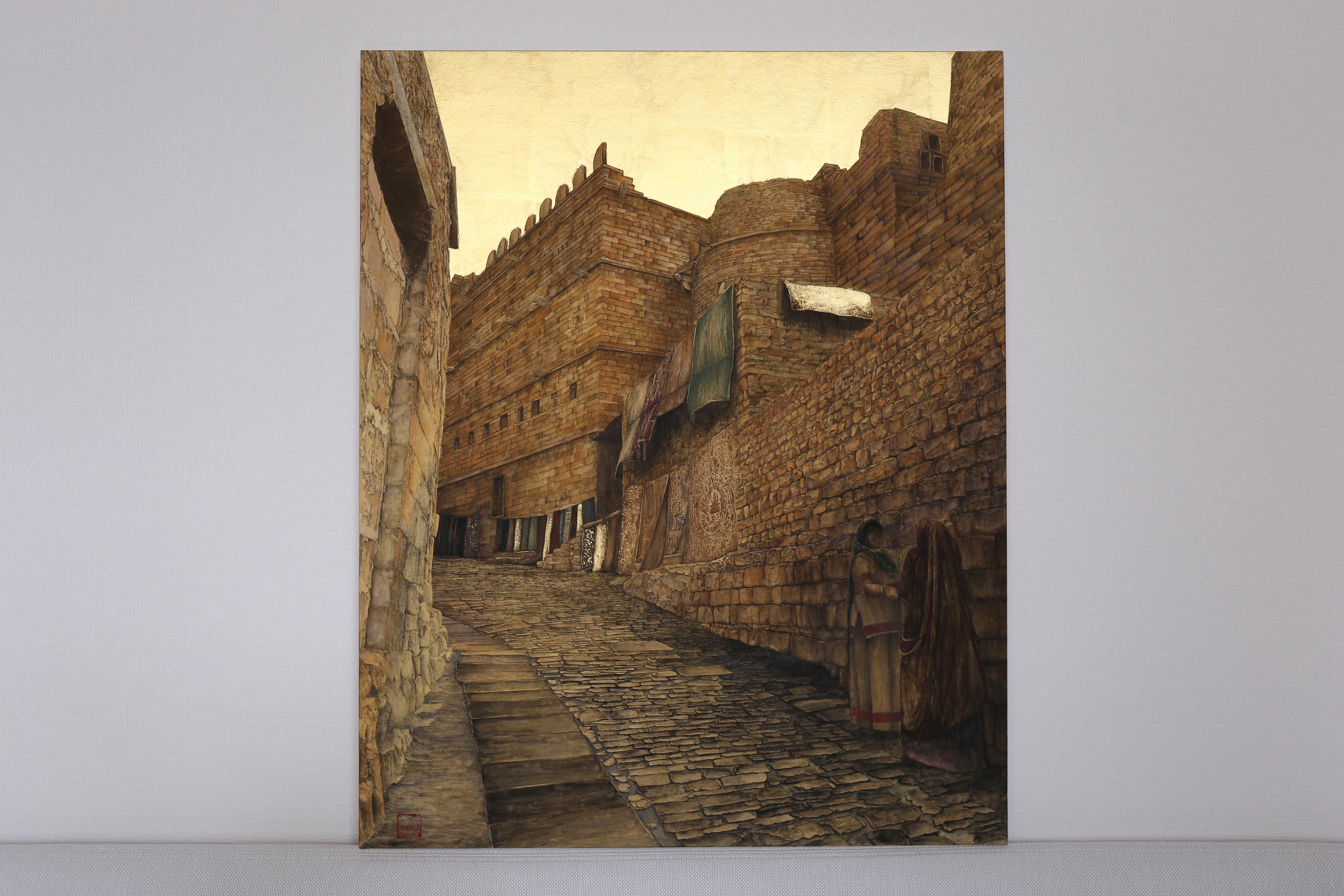 Street of Jaisalmer - Gold Leaf, Mineral and Ores Painting, Streetscape Realism For Sale 11